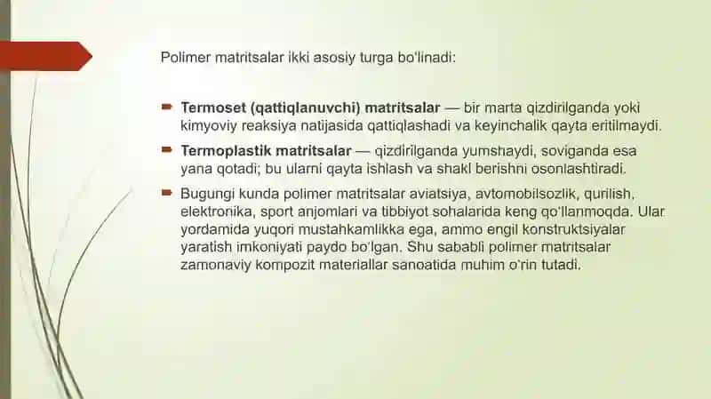 POLIMER MATRITSALARI. TERMOSET VA TERMOPLASTIK MATRITSALAR 4