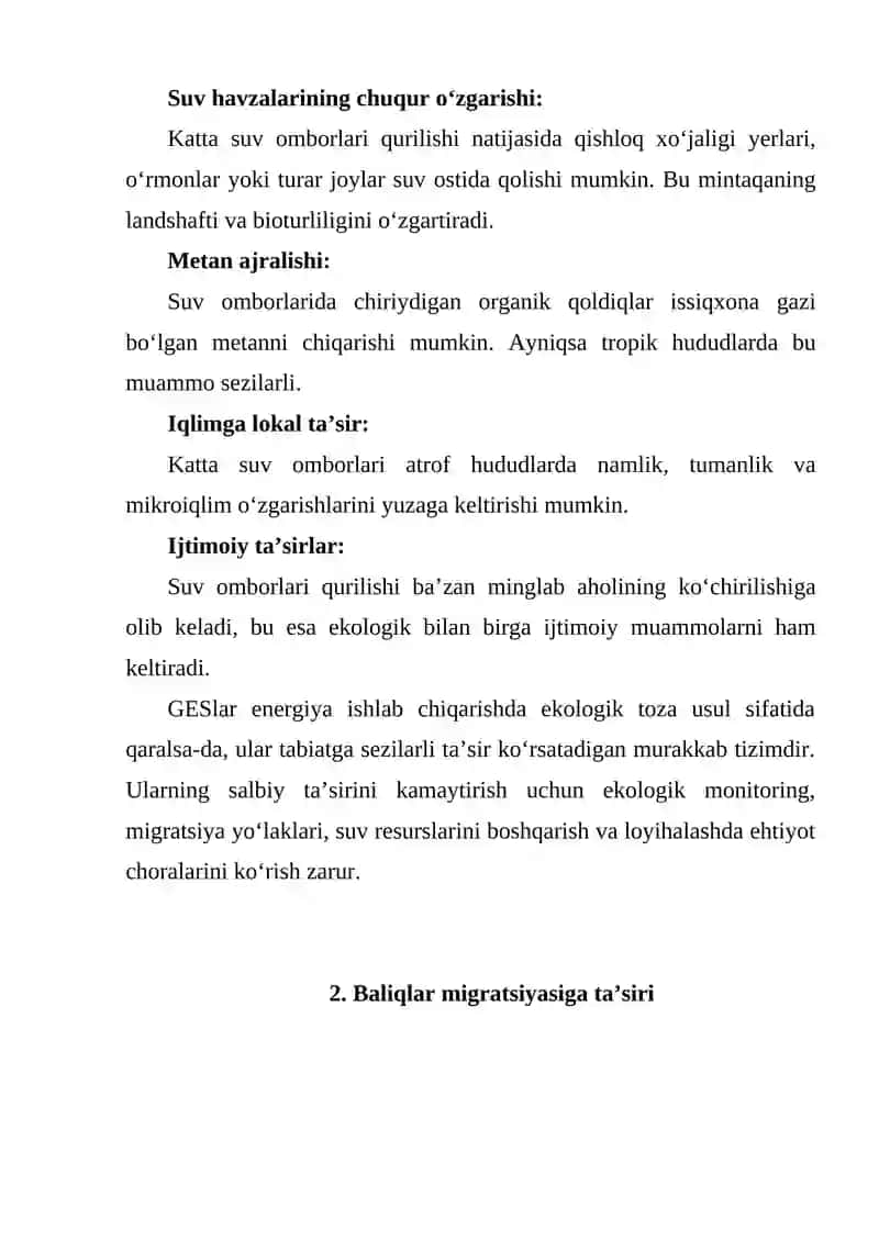 GESLARNING DARYO EKOTIZIMIGA VA BIOXILMA-XILLIKKA (XUSUSAN, BALIQLAR MIGRATSIYASIGA) TA’SIRINI BAHOLASH VA YUMSHATISH CHORALARI 4