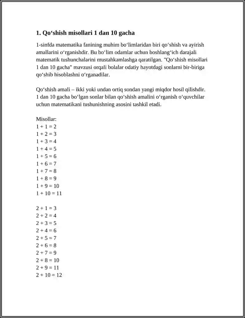 1-SINF MATEMATIK MISOLLAR QO‘SHISH VA AYRISH 4