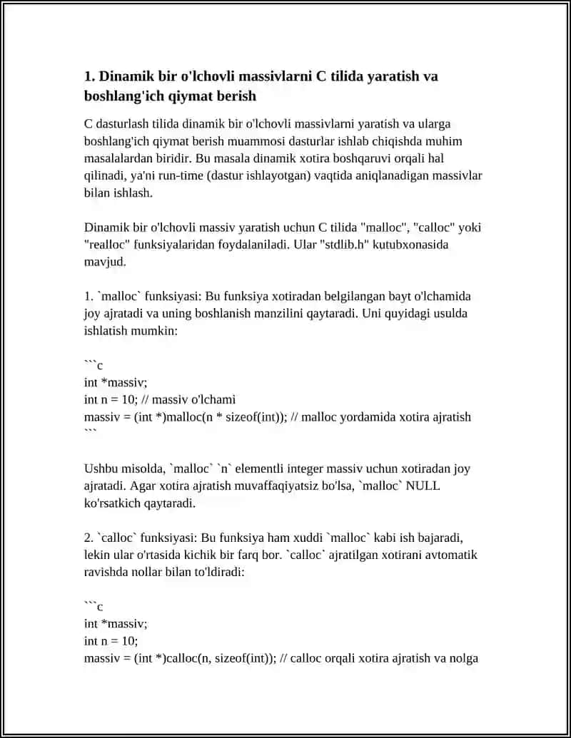 Dinamik bir òlchovli massivlarni C tilida yaratish va boshlang'ich qiymat berish 4