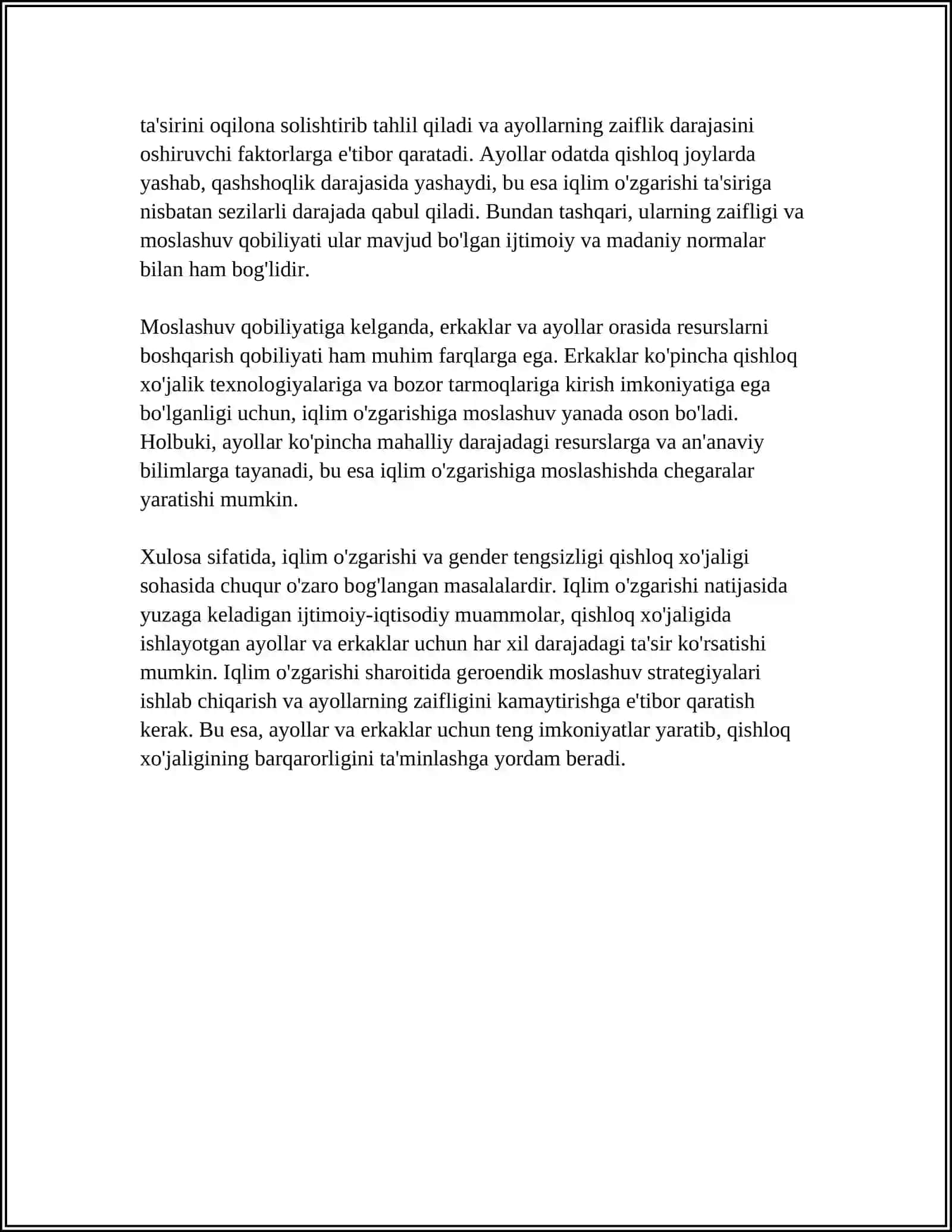 IQLIM OʻZGARISHI VA GENDER TENGSIZLIGI: QISHLOQ XOʻJALIGI SOHASIDAGI TADQIQOT 4