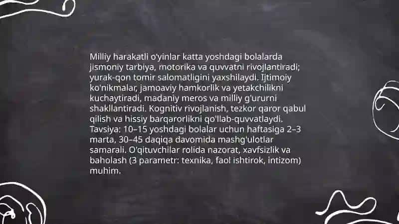 Katta yoshdagi bolalarga beriladigan milliy harakatli oʻyinlarni oʻrgatish mavzusida taqdimot tayyorlash 4