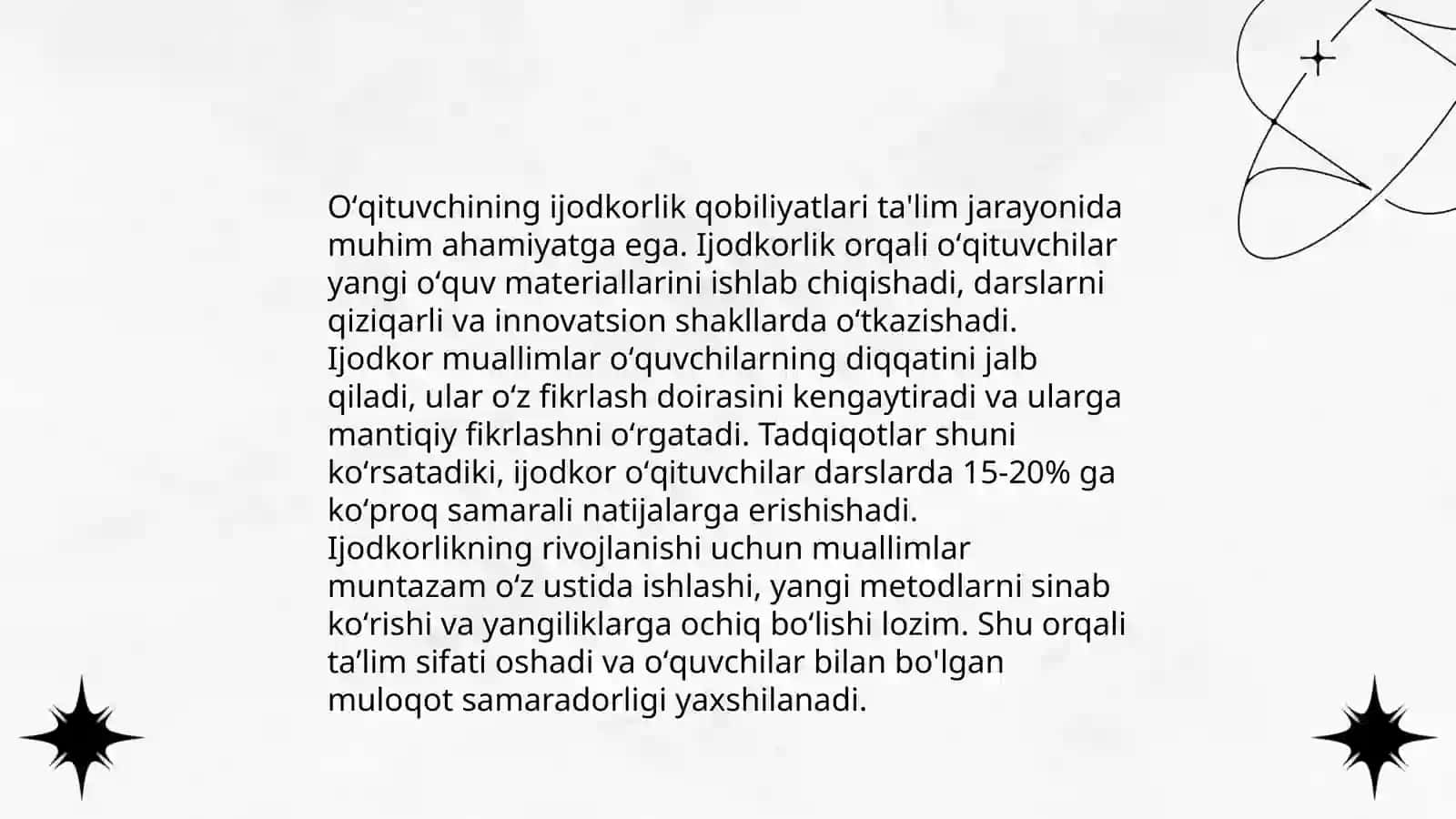 Pedagogik muloqot oʻqituvchining ijodiy faoliyatini va tashabbuskorligini namoyon etuvchi xususiyat 4