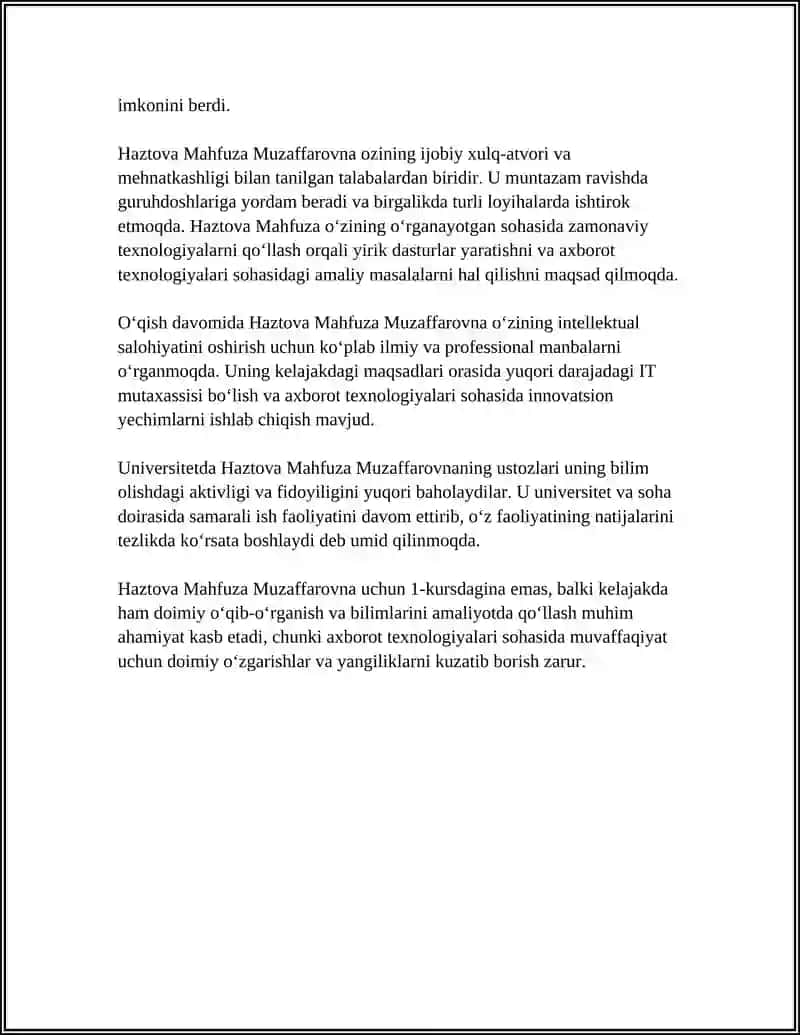 HAZTOVA MAHFUZA MUZAFFAROVNA 1-KURS 20-25-GURUH/ AXBOT TEXNOLOGIYA VA MENEJMENT UNEVERSITET 4