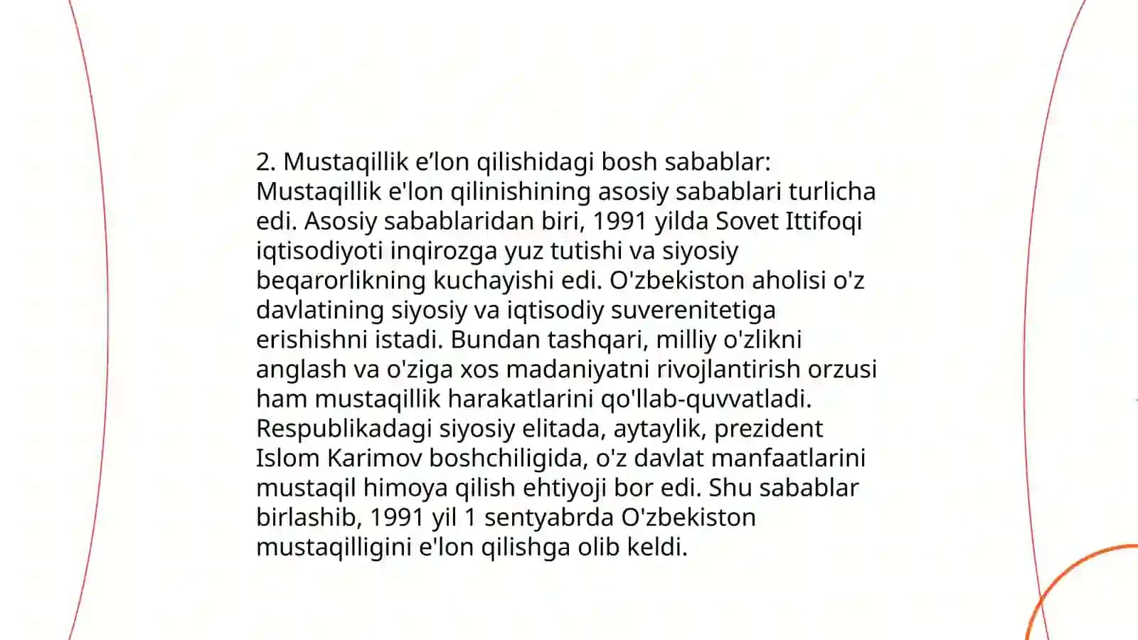 Oʻzbekiston Respublikasi Mustaqilligining Eʼlon qilinishi va uning tarixiy ahamiyati 4