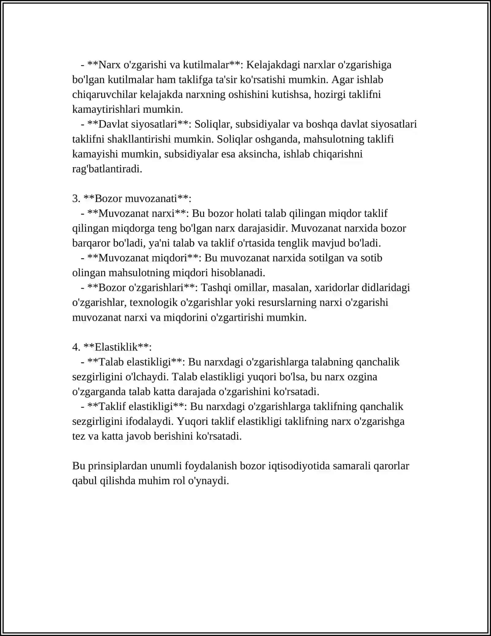 TALAB VA TAKLIF NAZARIYASI. BOZOR MUVOZANATI 4