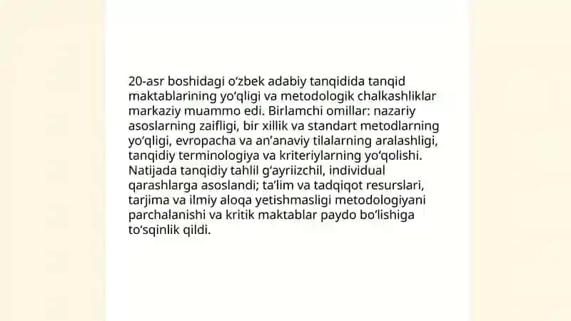 20-asr boshidagi oʻzbek adabiy tanqidining asosiy muammolari 4