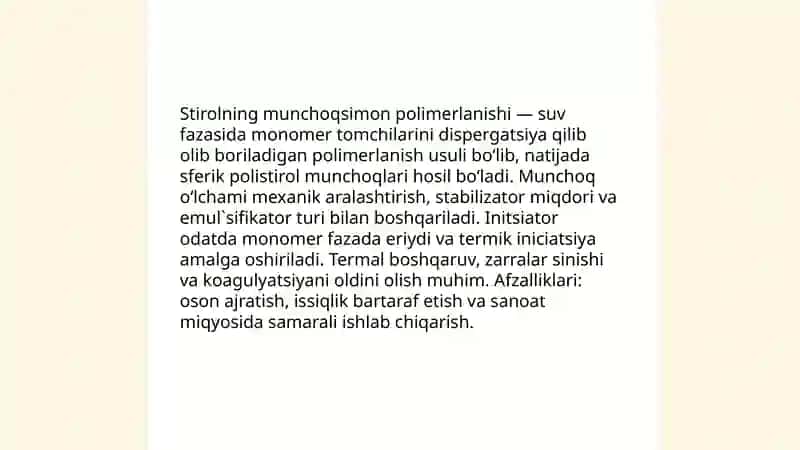 Stirolning munchoqsimon polimerlanishi 4