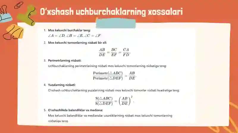 O‘xshash uchburchaklar va ularning xossalari 4
