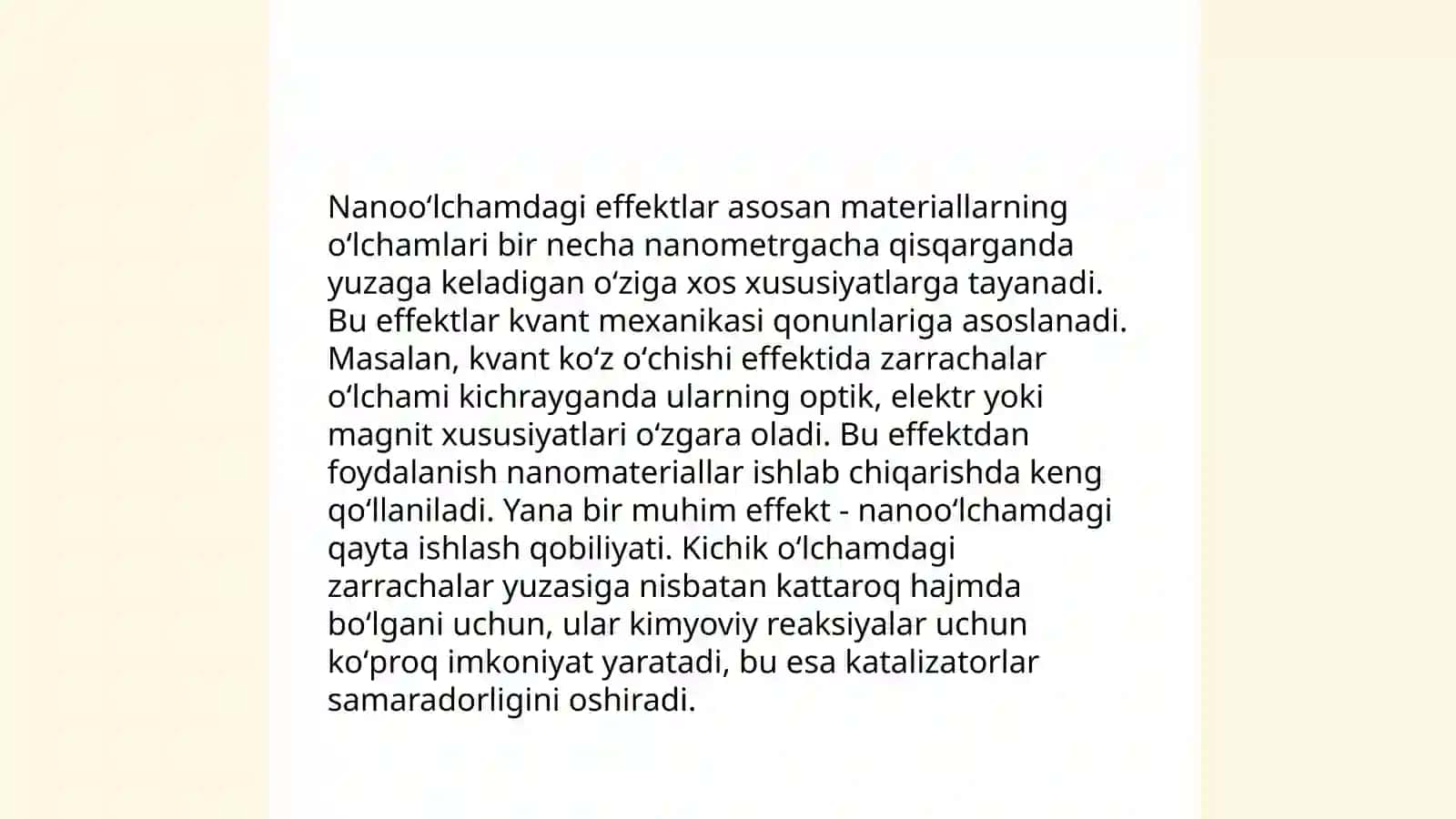 Oʻlcham effekti. Nanooʻlchamdagi obyektlar.Nanoobyektlar olinishi va kolloid moddalar bilan solishtirish 4