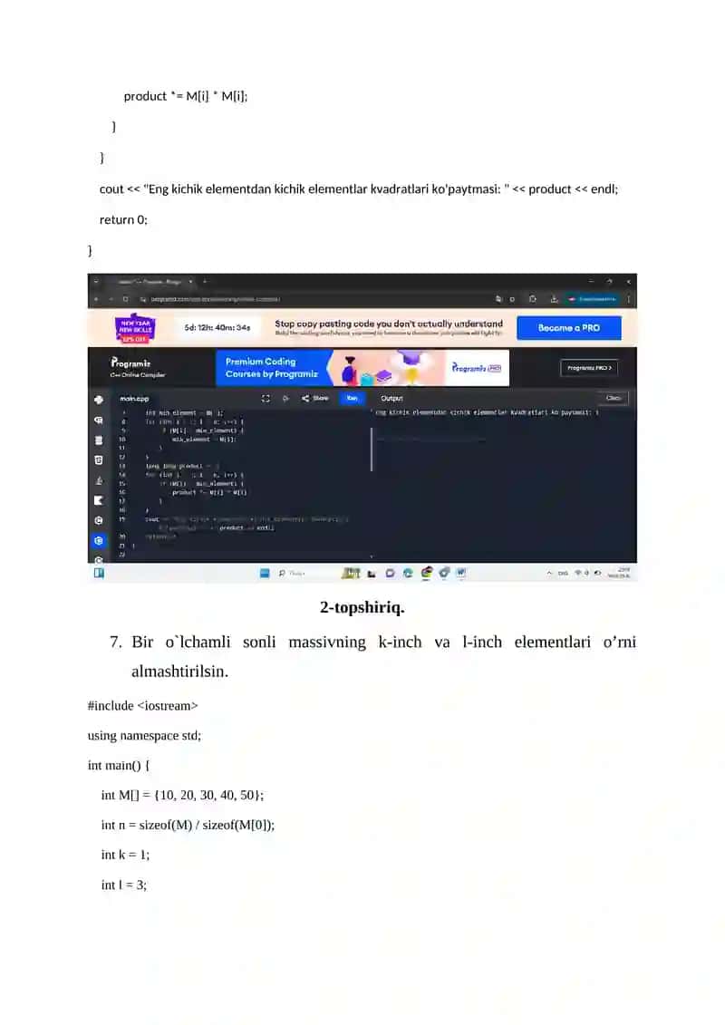 Bir o`lchamli massiv elementlarining kvadratlari yig'indisi 4