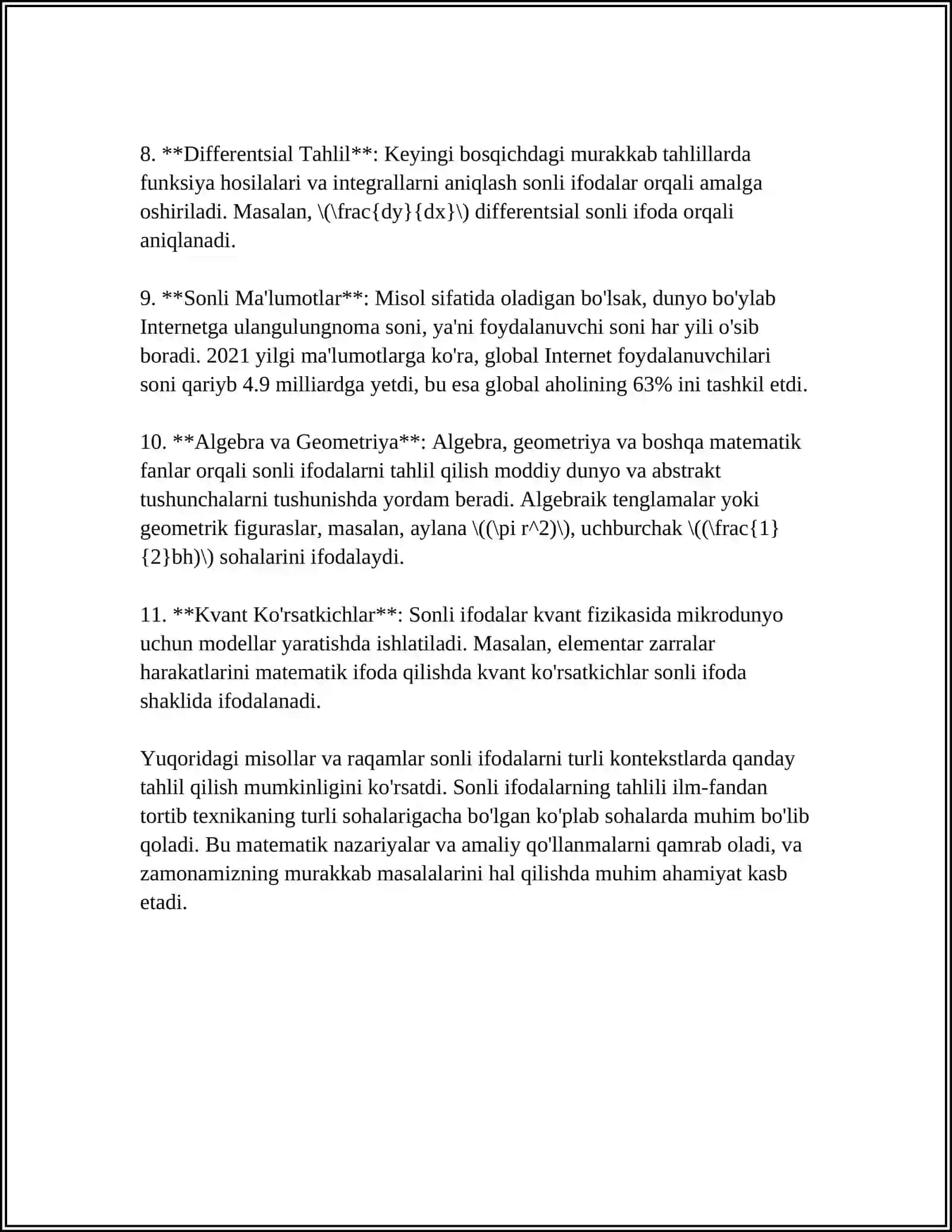 SONLI HISOBLASHGA DOIR MANTIQIY, MUAMMOLI, NOSTANDART MASALALAR BILAN ISHLASH 4