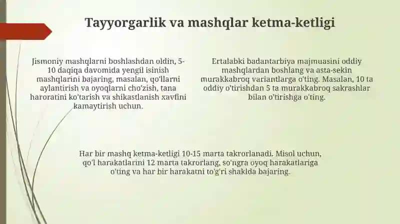 Ertalabki gigiyenik gimnastika majmuasini oʻzlashtirish 4