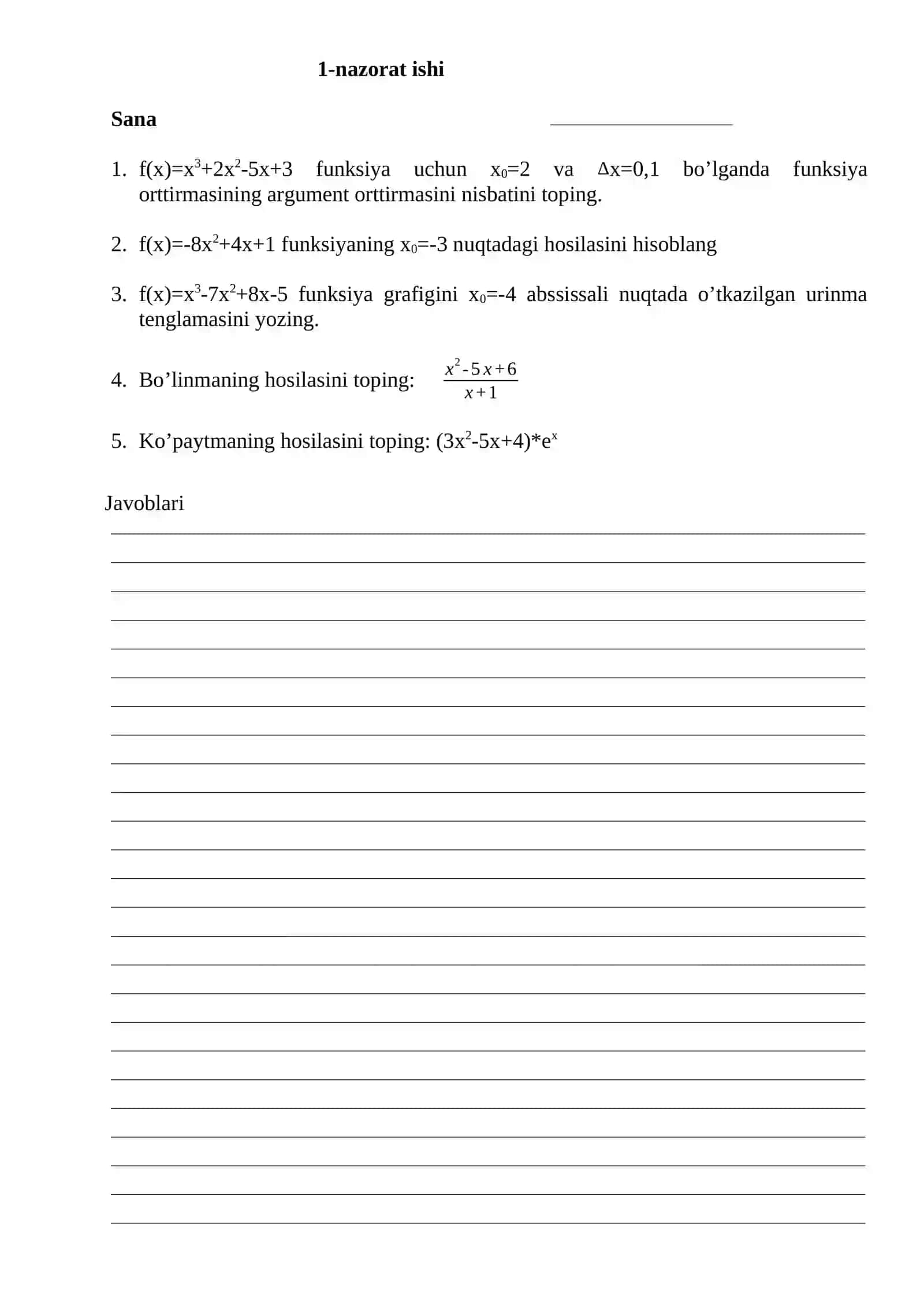 ALGEBRA Fanidan NAZORAT ISHI DAFTARI 4
