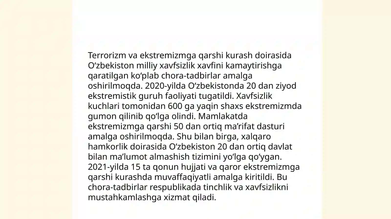 Oʻzbekistonda Milliy xavfsizlikni taʼminlash borasida amalga oshirilayotgan ishlar 4