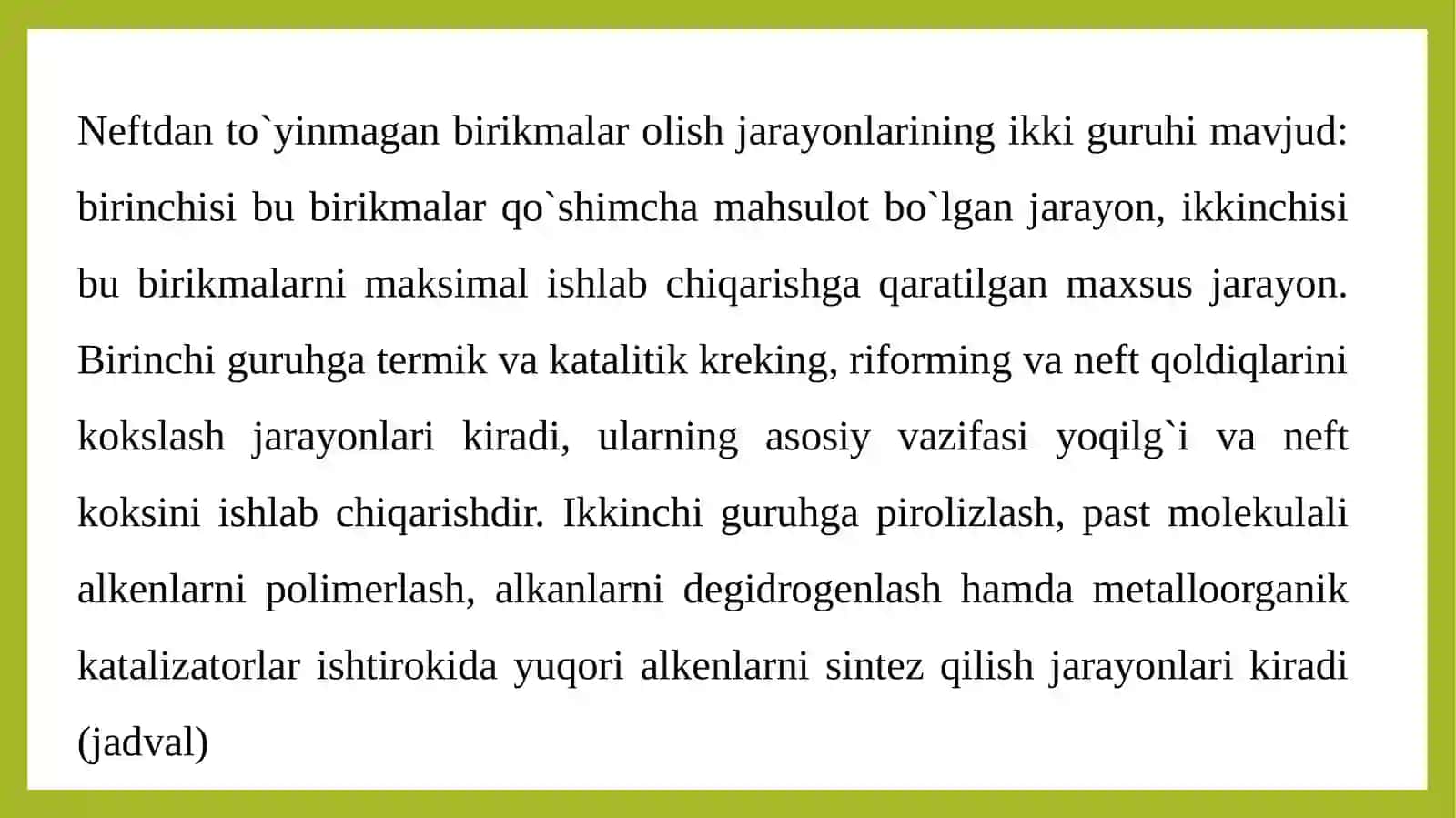 Neftni qayta ishlashda olinadigan asosiy kimyoviy birikmalar, ularning xossalari 4