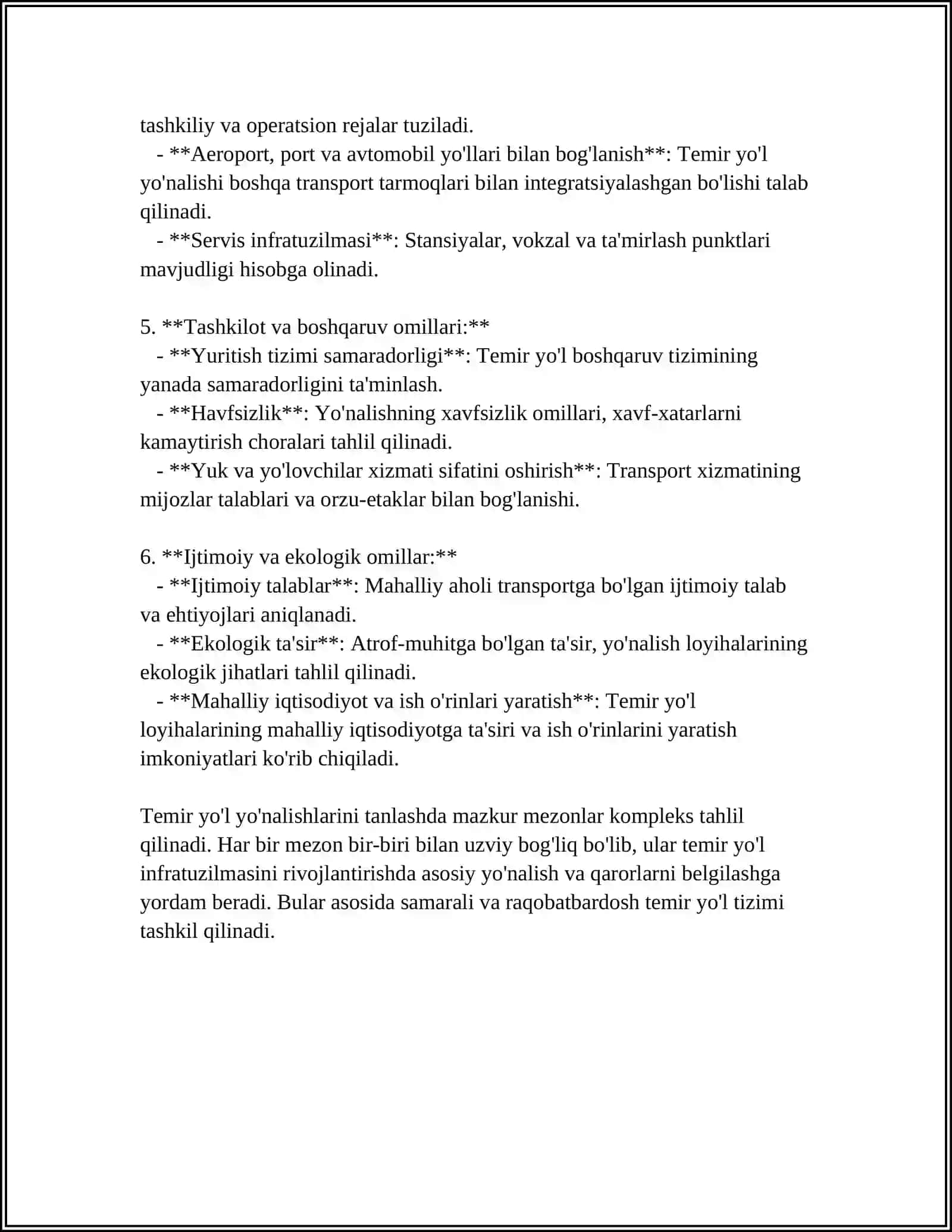 YANAGI TEMIR YOʻL YOʻNALISHINING PRINSIPIAL JIXATDAN MUMKIN BOʻLGAN VARIANTLARINI BELGILASH VA TAQQOSLASH.TEMIR YOʻL YOʻNALISHINI TANLASH 4