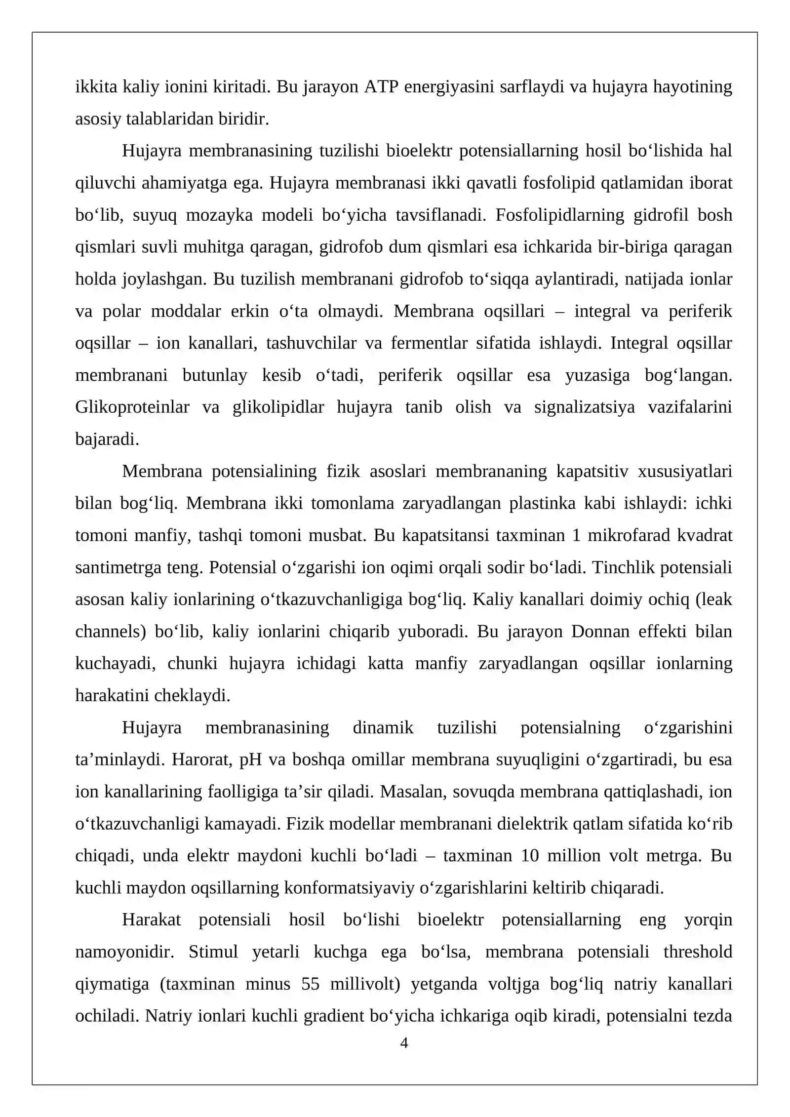 Tirik organizmlarda bioelektr potensiallarining hosil bo‘lish fizikasi 4