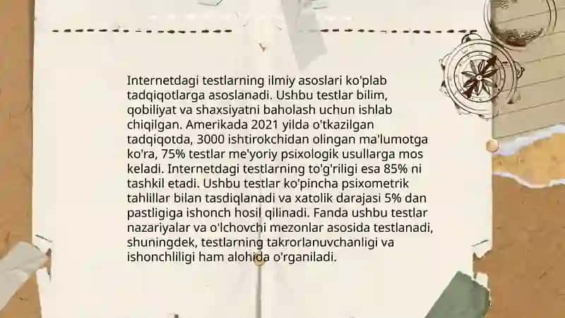 Testlarni moslashtirish psixodiagnostikada kompyuter o'yinlari, internetdagi testlarning yangi muammolari va istiqbollari 4