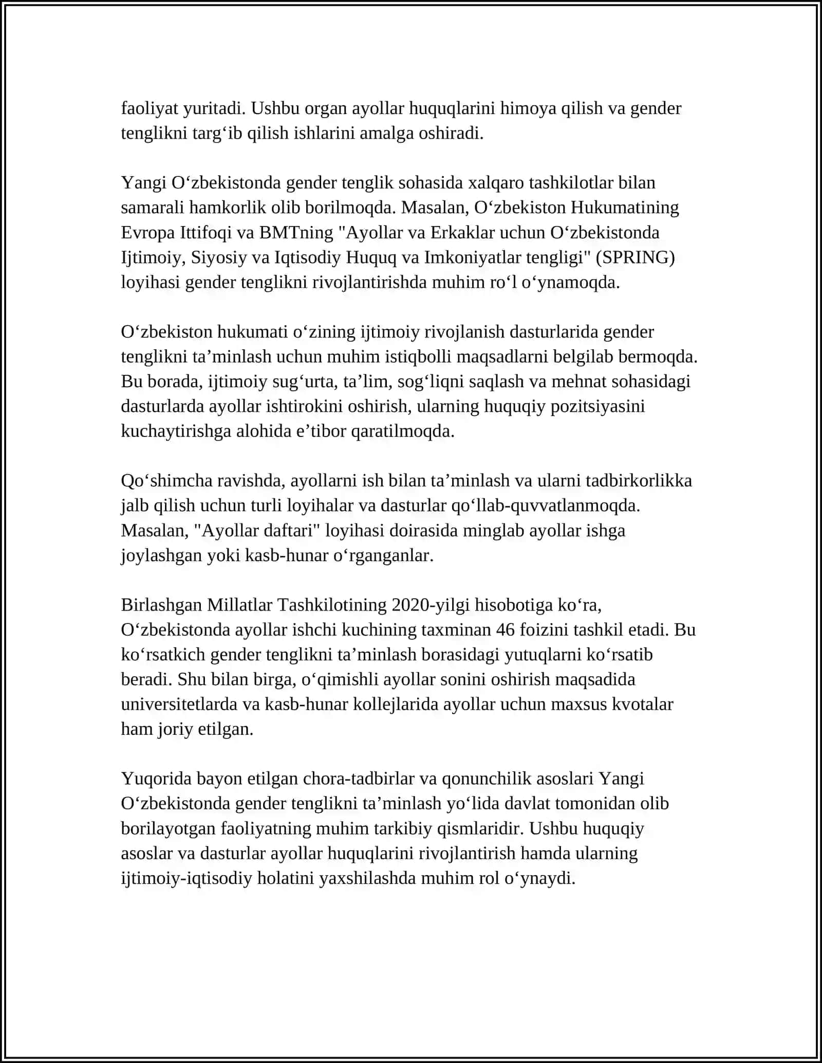 YANGI O'ZBEKISTONDA GENDER TENGLIGI 4