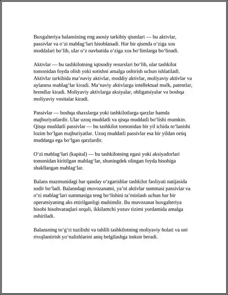 BALANS MOHIYATI, TUZILISHI VA TASNIFI. BUXGALTERIYA HISOBI SCHOTLARI 4