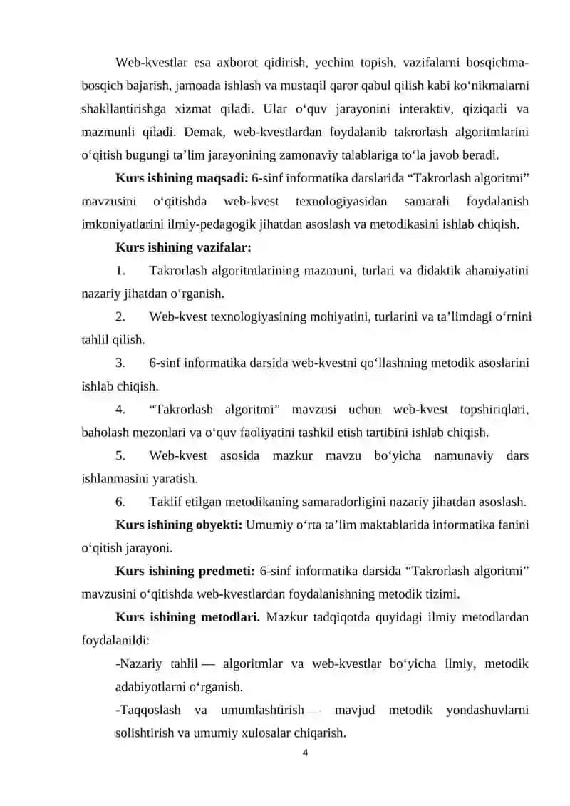 Umumiy o’rta talim maktablarining 6-sinfida Informatika va AT fanidan “Takrorlash algoritmi” mavzusini o‘qitishda web-kvestlardan foydalanish 4