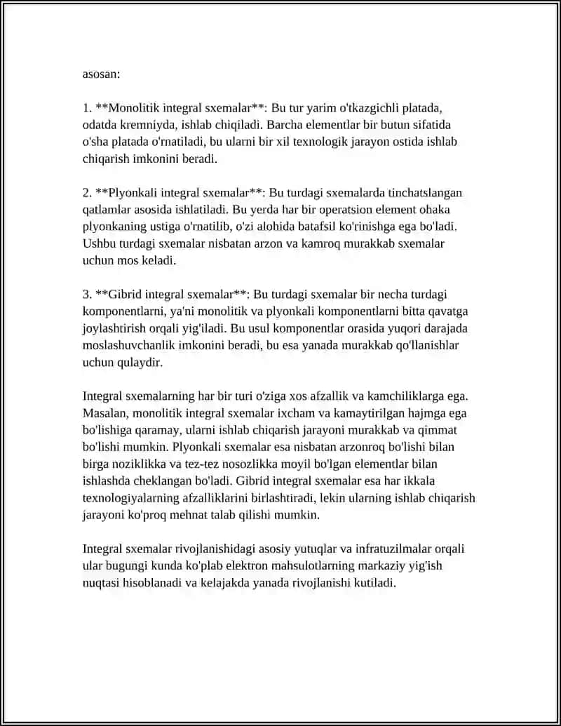 INTEGRAL SXEMALARNI TURLARI. YARIM OʻTKAZGICHLI PLYONKALI VA GIBRID INTEGRAL SXEMALAR ULARNING AVZALLIGI VA KAMCHILIKLARI 4