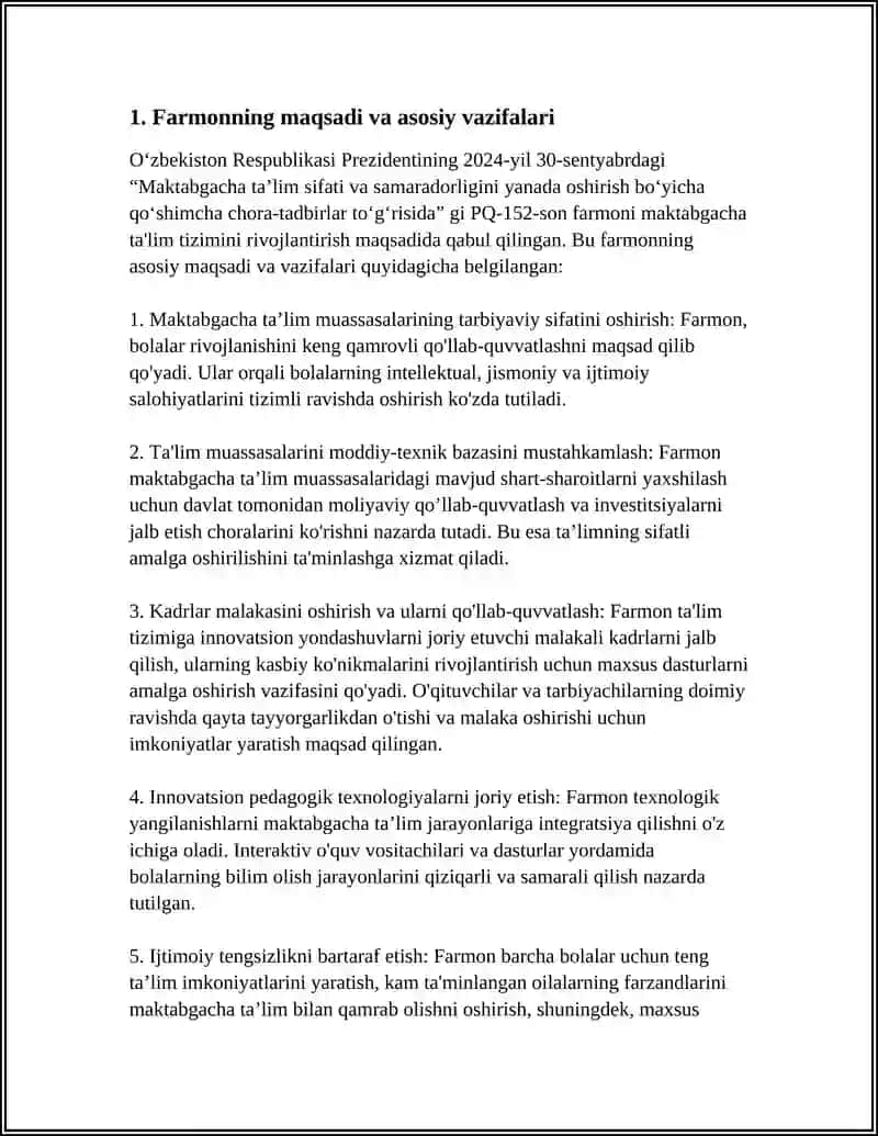 O'ZBEKISTON RESPUBLIKASI PREZIDENTINING 2024-YIL 30-SENTYABRDAGI MAKTABGACHA TA'LIM SIFATI 4