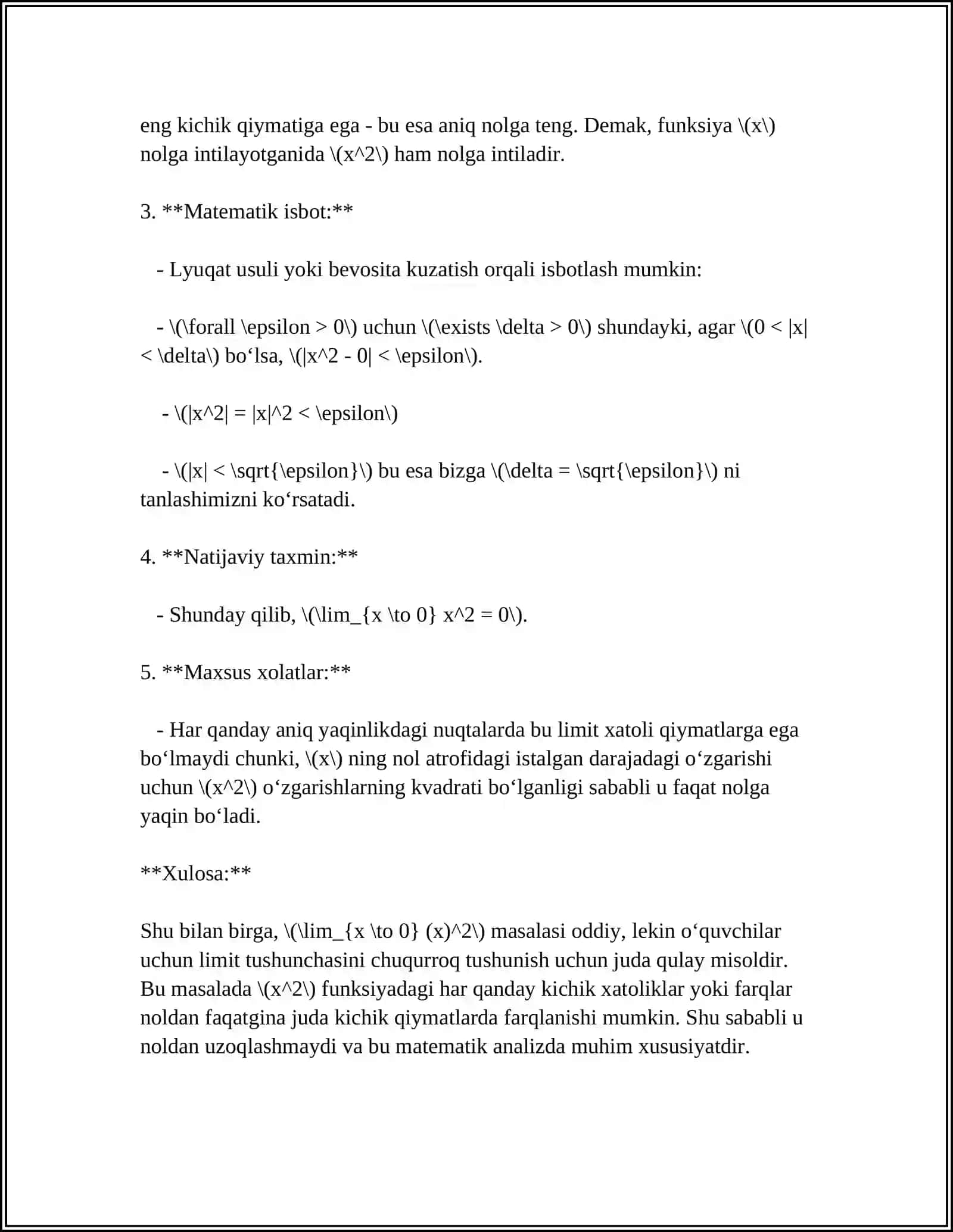 LIMIT X NOLGA INTILGANDA (X)^2 NI HISOBLASH 4