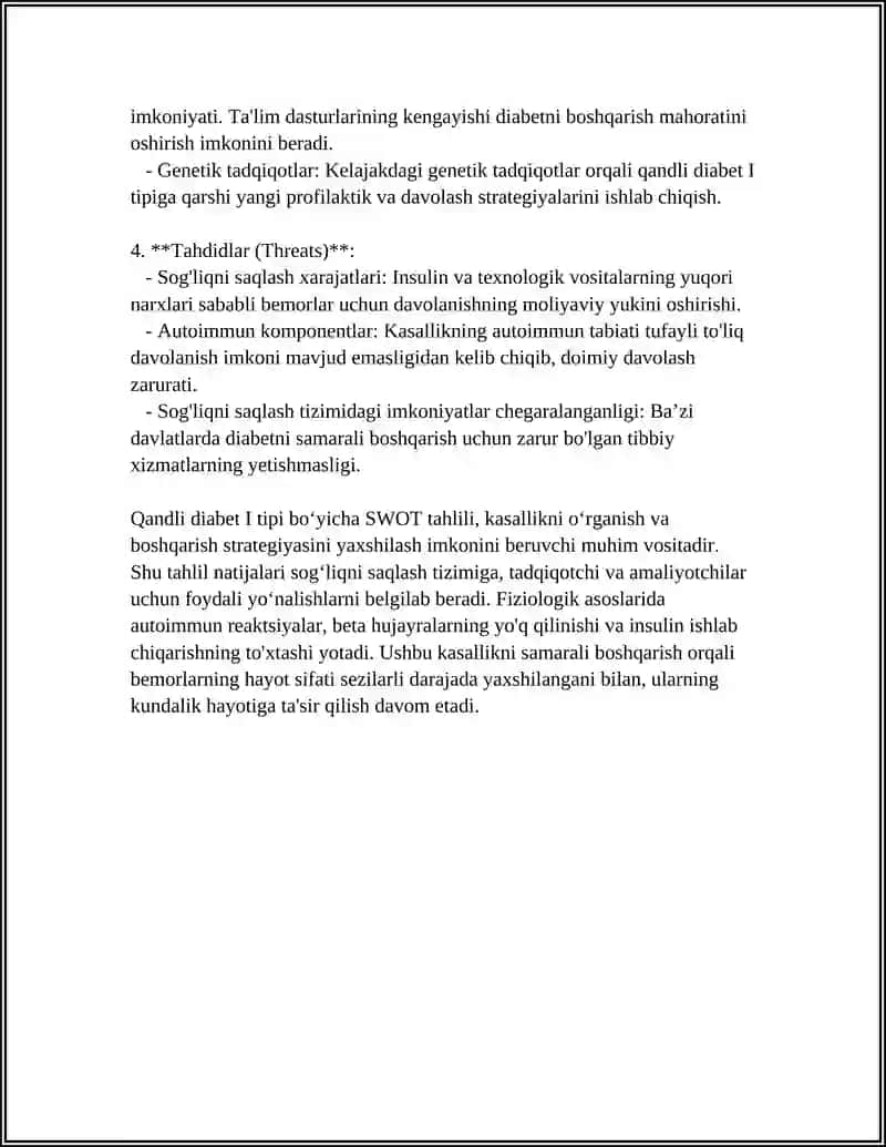 QANDLI DIABET TIPLARINING FIZIOLOGIK ASOSLARI MAVZUSIGA SWOT TAHLIL METODI 4