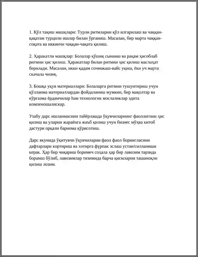 МУСИКА ТАЪЛИМИДА 1-СИНФ ДАСТУРИ БУ́ЙИЧА 1-2-ЧОРАК УЧУН ДАРС ИШЛАНМА ТАЙЁРЛАШ 4