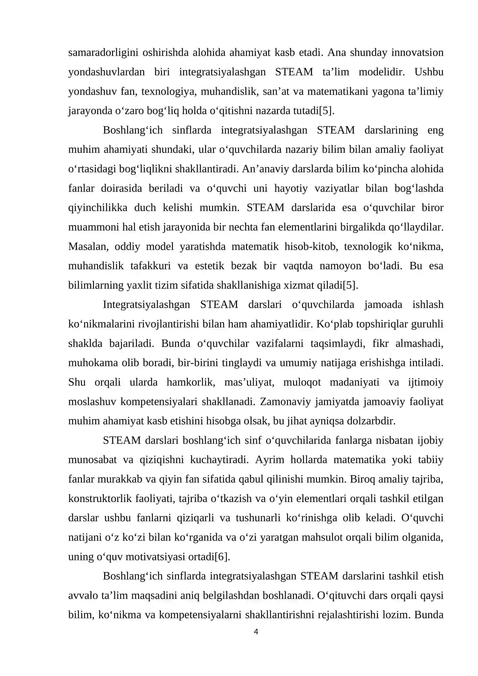 BОSHLАNG‘IСH SINF О‘QUVСHILАRINING KRЕАTIVLIK KО‘NIKMАLАRINI SHАKLLАNTIRISHDА INTЕGRАTSIYАLАSHGАN STЕАM DАRSLАRINI TАSHKIL ЕTISH MЕTОDIKАSI 4