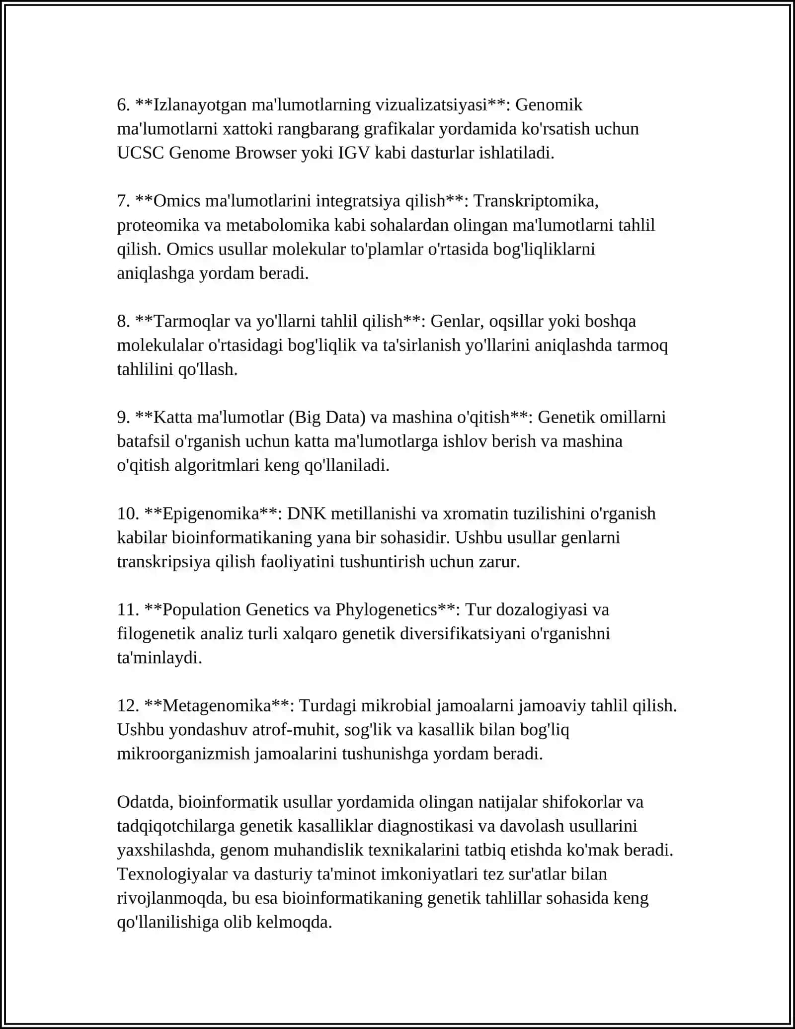 BIOINFORMATIKA VA BIOMEXANIKA FANIDAN. TURLI XIL KASALLIKLARNI DAVOLASHDA BIOINFORMATIK YONDASHUVLAR. ODAM ORGANIZIMI HAYOTIY FUNKTSIYALARNI TOʼLDIRUVCHI TIBBIYOT QURILMALARI VA APPARATLARI MAVZUSIDA MUSTAQIL ISH 4