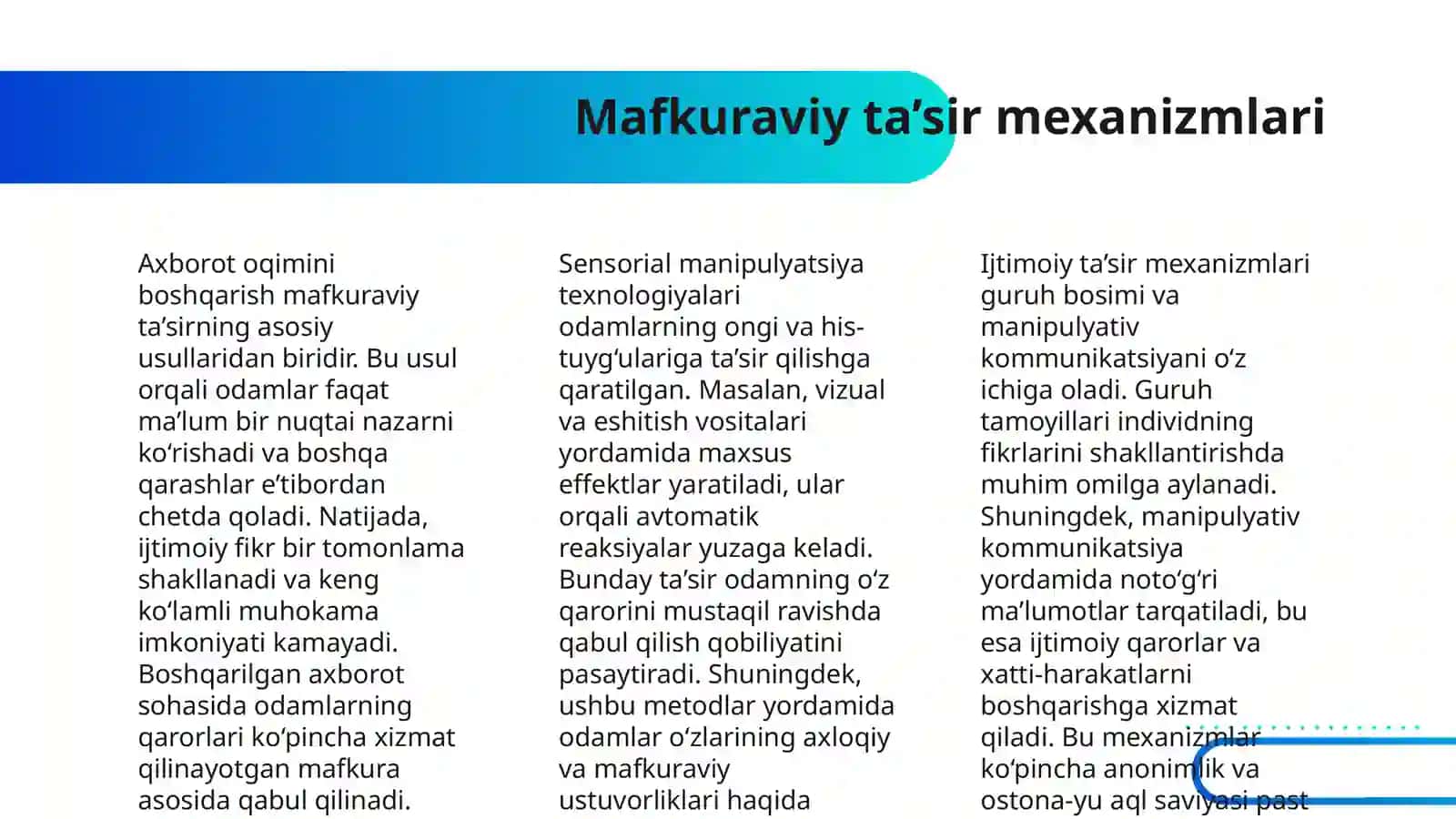 ZAMONAVIY-TEXNOLOGIK USLUBLARDAN MAFKURAVIY MAQSADLARDA FOYDALANISHNING SALBIY OQIBATLARINI BARTARAF ETISH YO’LLARI 4