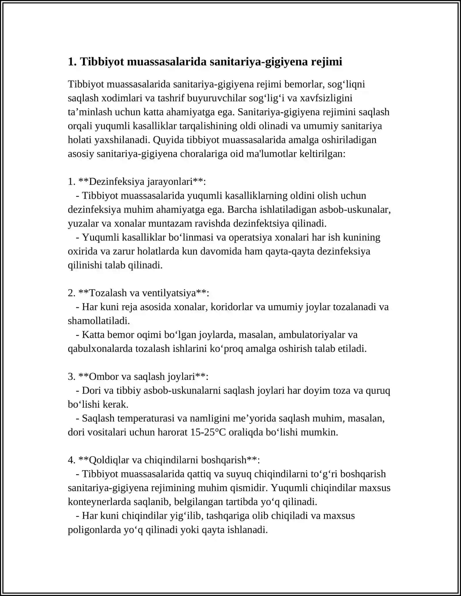 TIBBIY PROFILAKTIKA MUASSASALARIDA SANITARIYA-GIGIYENA REJIMI.MEHNAT GIGIYENASI, SHAXSIY GIGIYENA QOIDALARI, XODIMLARNI TIBBIY KOʻRIKDAN OʻTKAZISH VA EMLASH ZARURATI VA CHASTOTASI. DASTLABKI, JORIY VA UMUMIY TOZALASH XUSUSIYATLARI 4