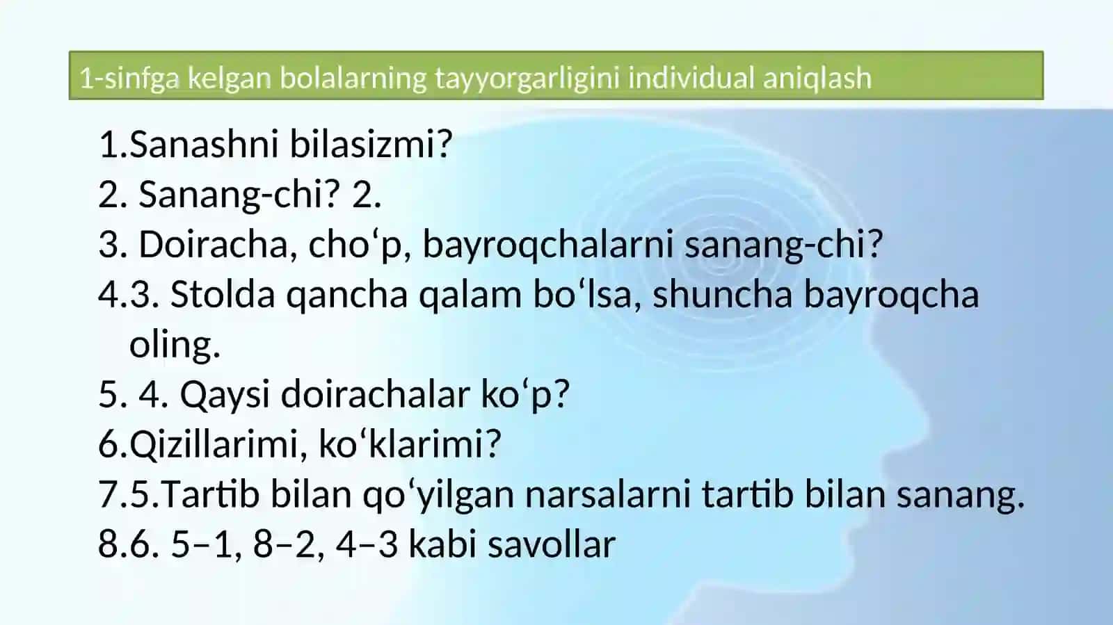 Boshlang’ich sinflarda sonlarni raqamlash, tayyorgarlik davri. 1-sinf matematika darsligi tahlili. Daftar bilan ishlash metodikasi. 1-sinf matematika darsligi o‘quv materialini o‘rganish. O‘nlik konsentrida arifmetik amallarni o‘rgatish metodikasi. 21-100 ichida sonlarni raqamlash va qo‘shish va ayirish amallarini o‘rganish. Yuzlik konsentrida arifmetik amallarni o‘rgatish metodikasi 4