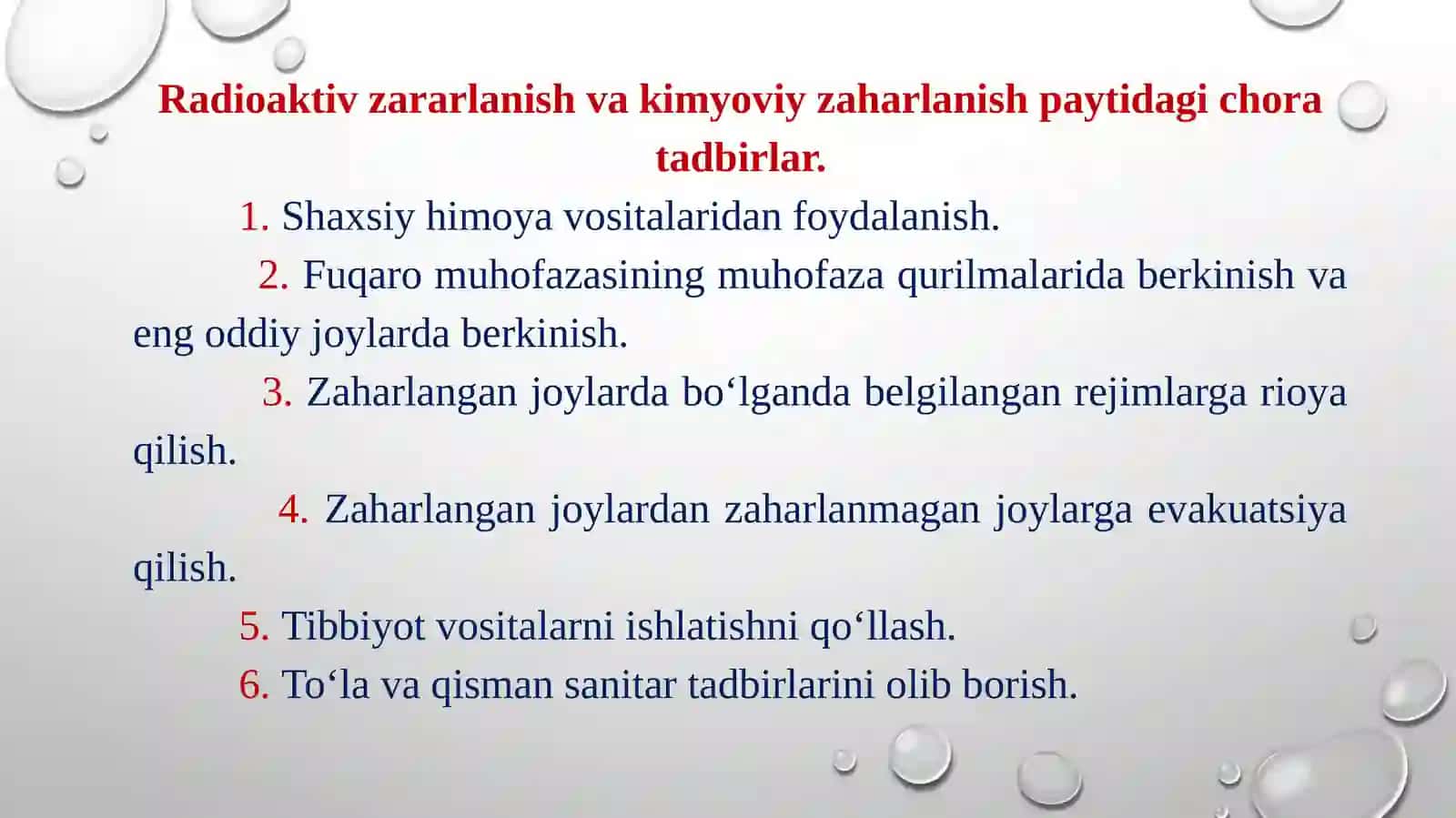 Favquloddavaziyatlar xavfi tug’ilganda va sodir bo’lganda aholiga xabar berish va ularni xavfli hududlardan xavfsiz hududlarga ko’chirishni (evakuatsiya qilishni) tashkillashtirish 4