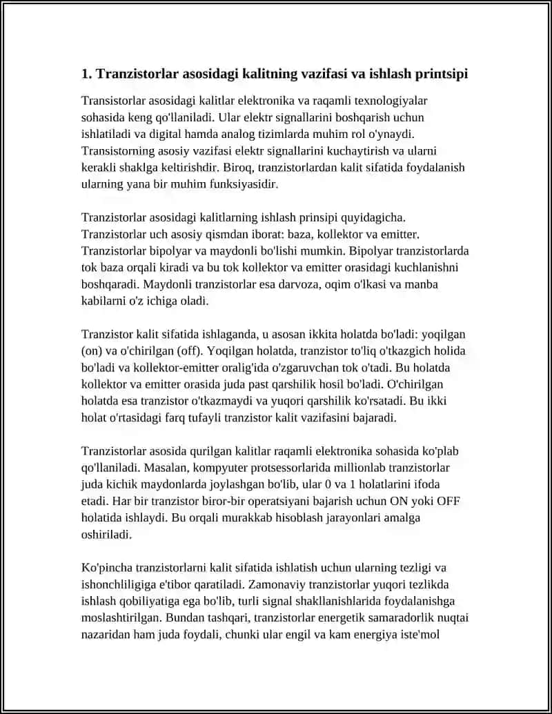 TRANZISTORLAR ASOSIDAGI KALITLARNING VAZIFASI, SXEMA KO‘RINISHLARI VA ASOSIY PARAMETRLARI 4