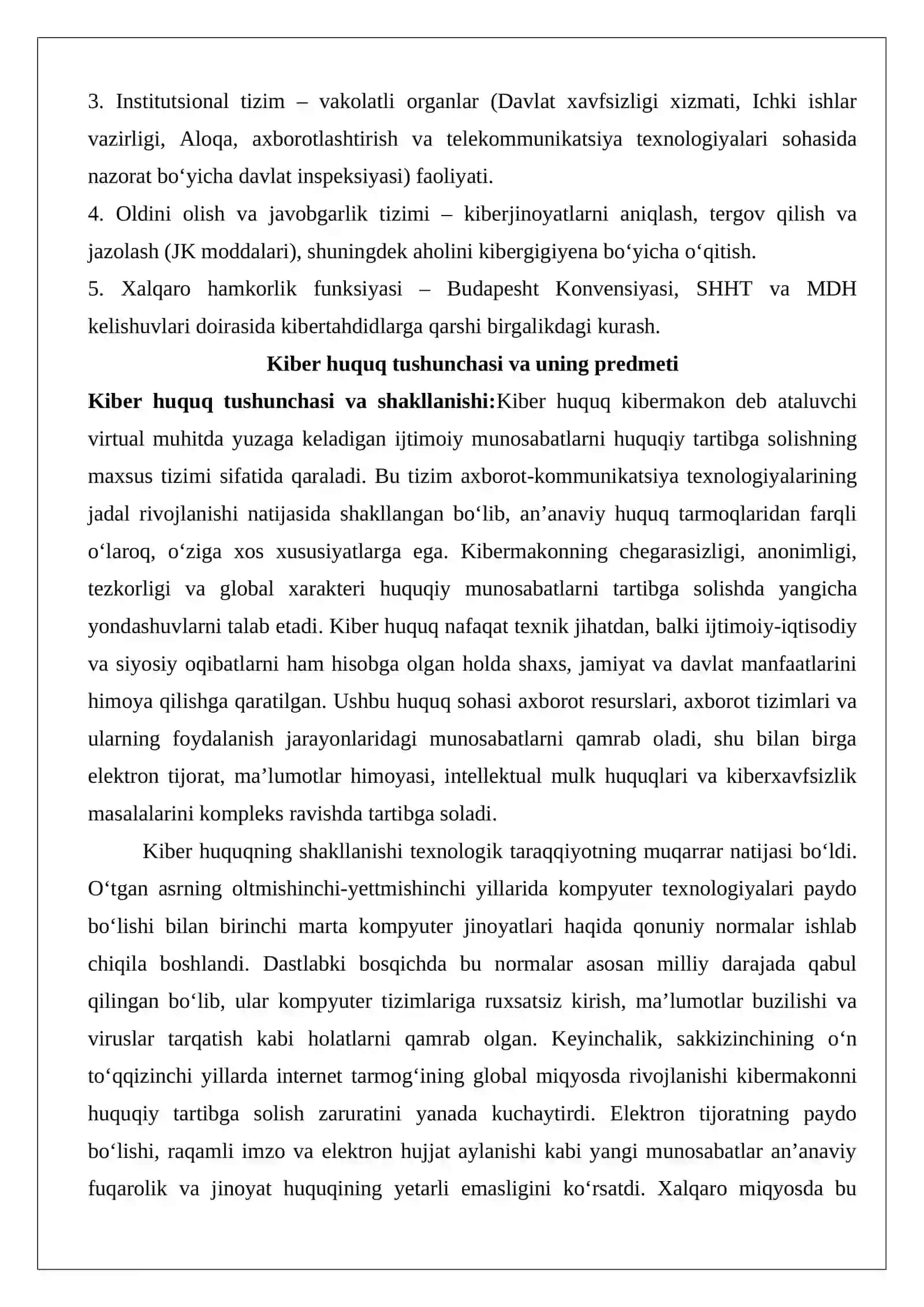 Kiber huquq va kiberjinoyatlar tushunchasi, predmeti va funksiyaviy tizimlari 4
