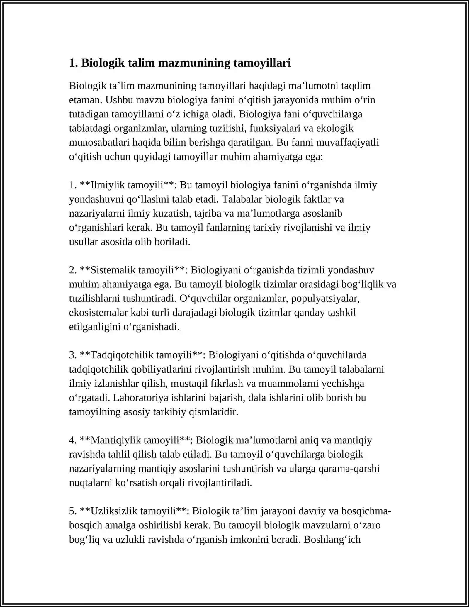 BIOLOGIK TALIM MAZMUNI, METODLARI, VOSITALARI VA SHAKLLARINING UYĜUNLIGI 4