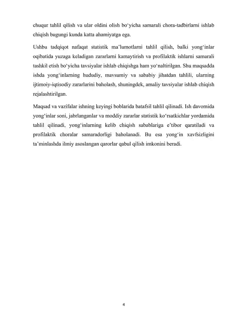 Respublika bo'yicha yong'inlar sodir bo'lishi va ularda ko'riladigan zararlar to'g'risida statik ma'lumotlar tahlili 4