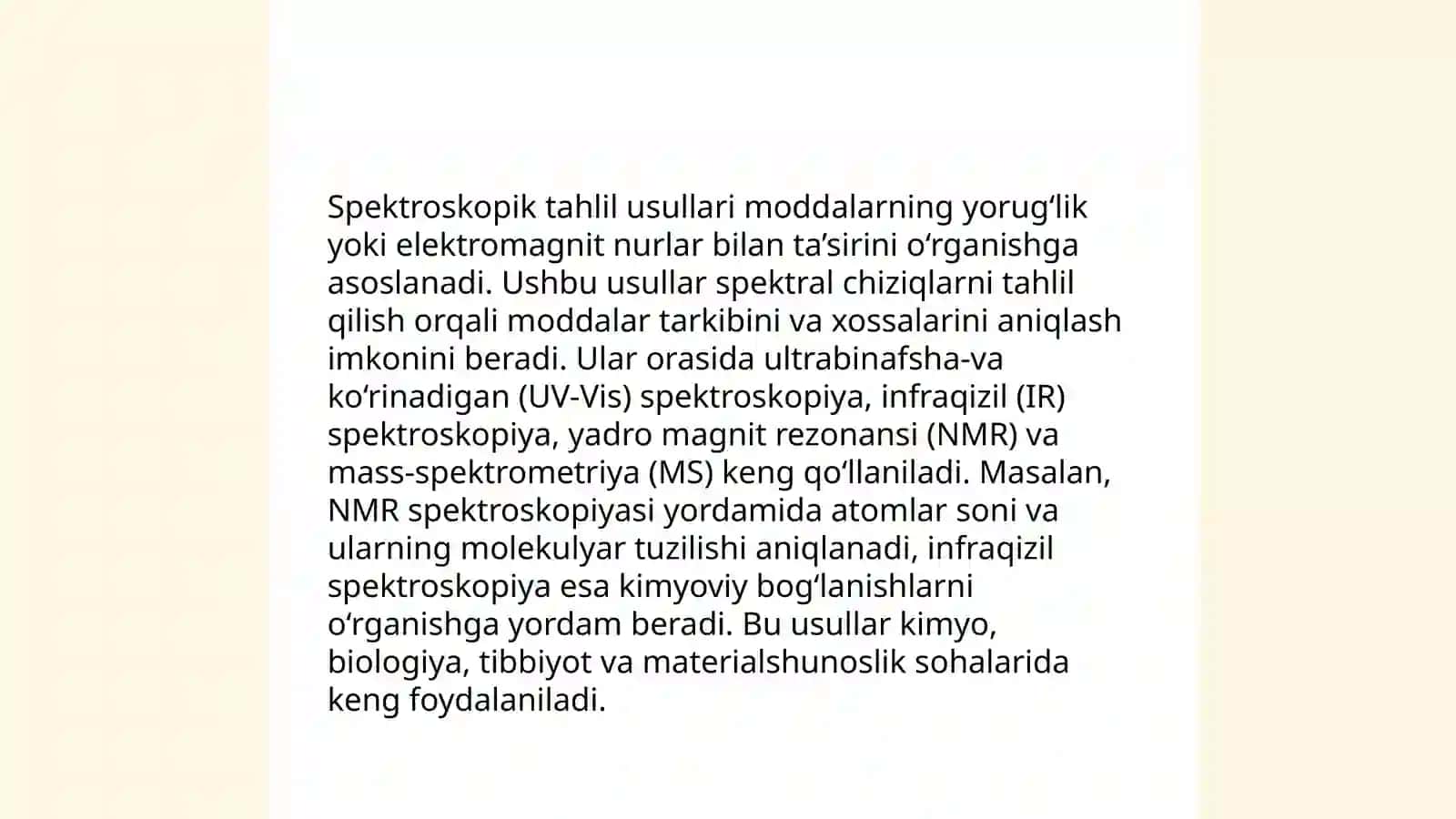 Yangi dori moddalarni ishlab chiqarishda ularni sifatini nazorat qilishda yuqori sezgilari va xususiylikka ega bo'lgan turli tahlil usullari 4