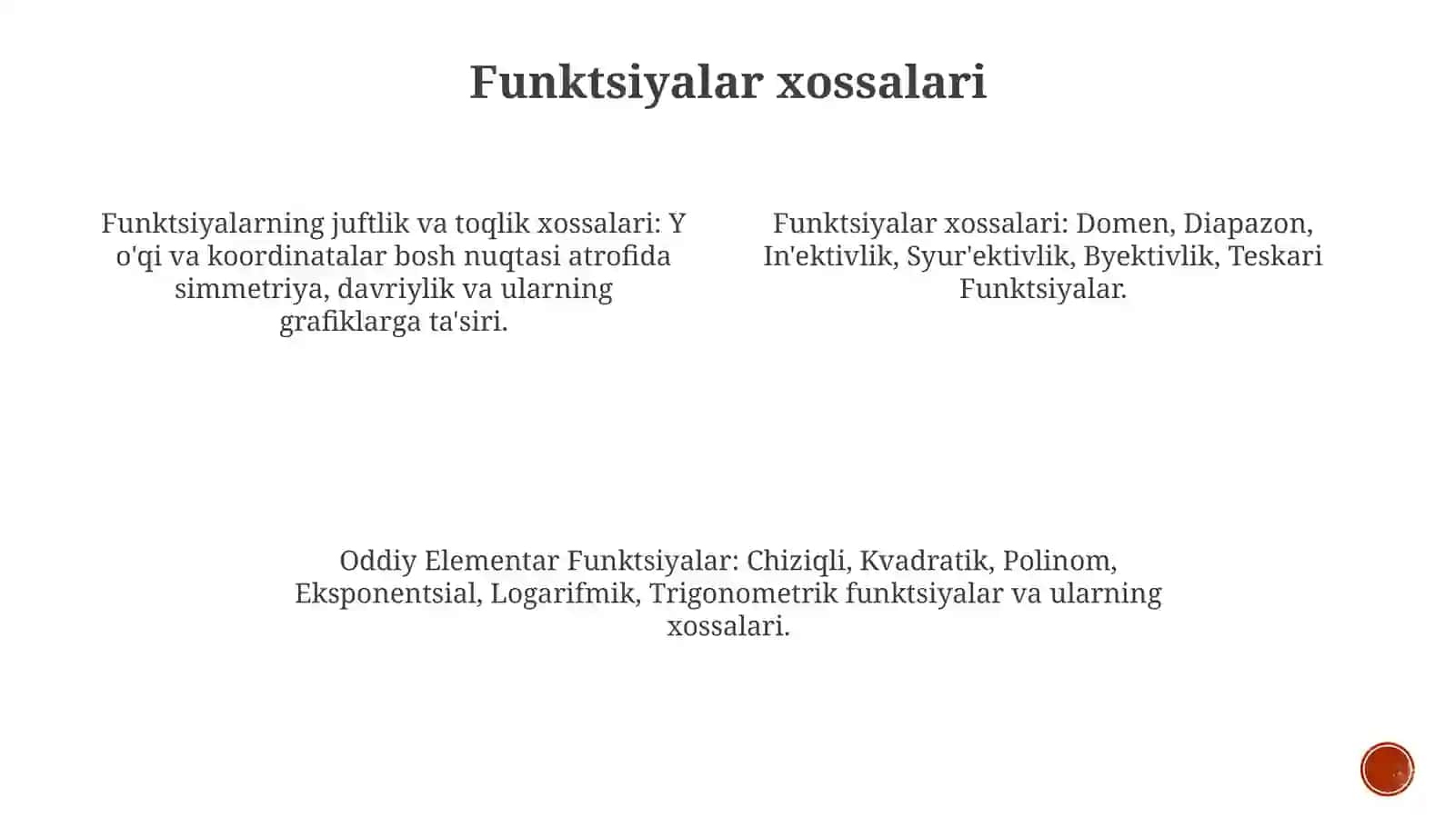 Asosiy elementar funksiyalar ularning hossalari. Funksiyalarning juft-toqligi davriyligi grafigi 4