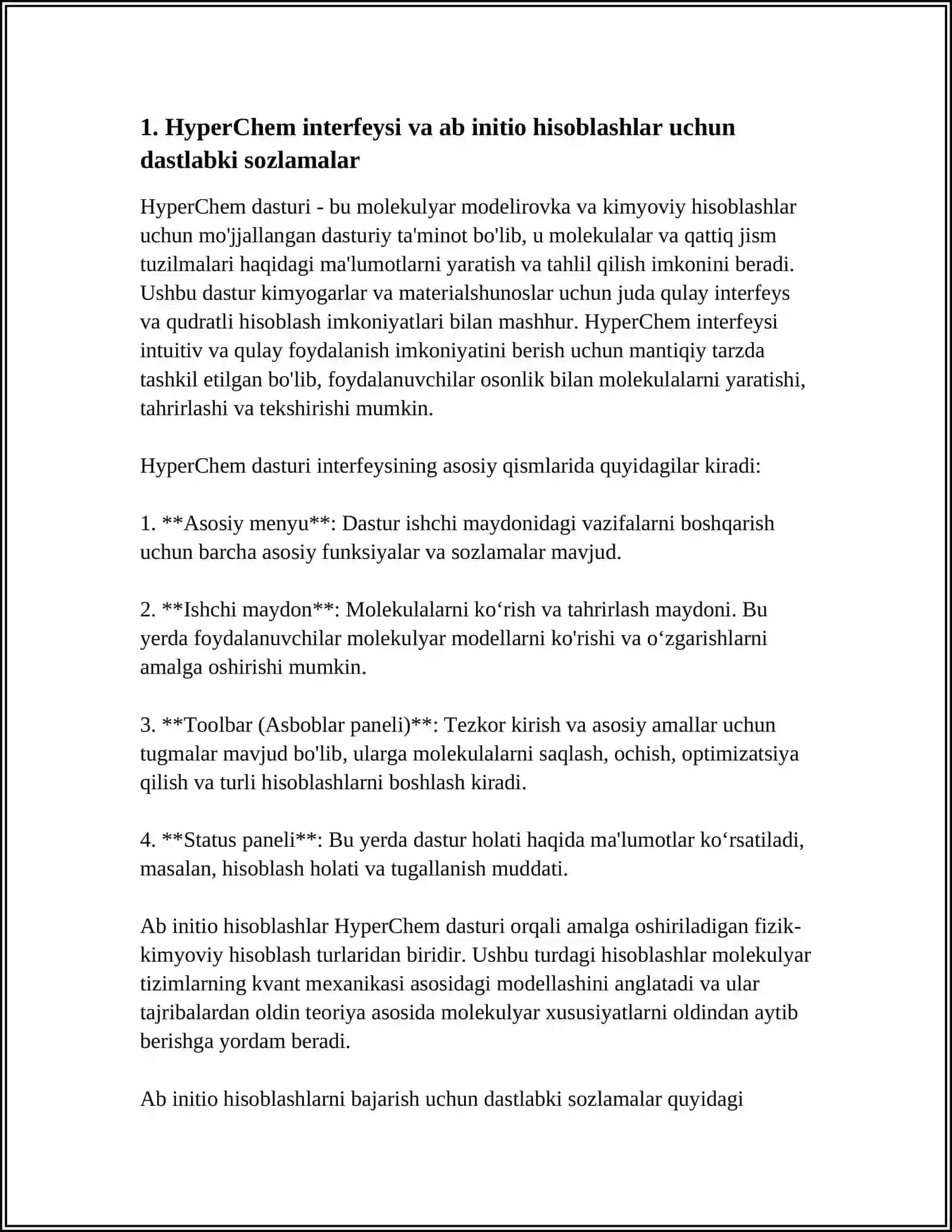 HYPERCHEM DASTURIDA NOEMPERIK USULLAR YORDAMIDA ATOMLARNING VA IKKI ATOMLI MOLEKULALARNING ELEKTRON TUZILISHINI OʻRGANISH 4