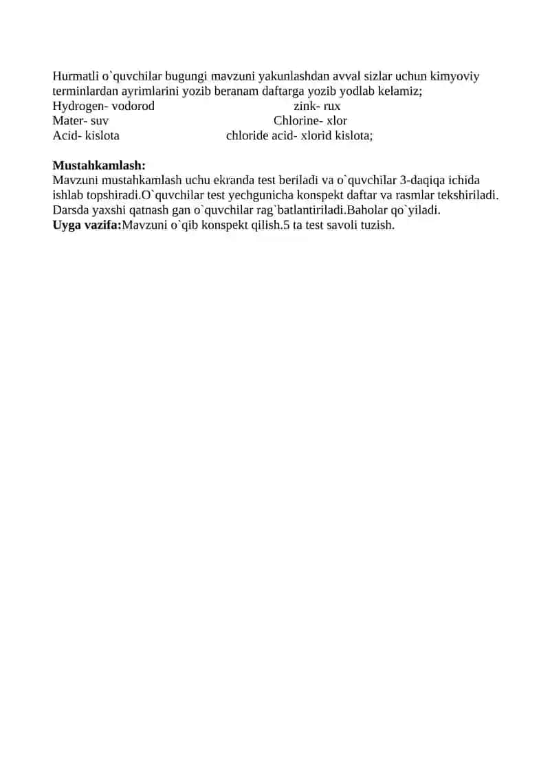 7-sinf Kimyo fanidan "Vodorodni olinishi va xossalari.Ishlatilishi" darsi ishlanmasi 4