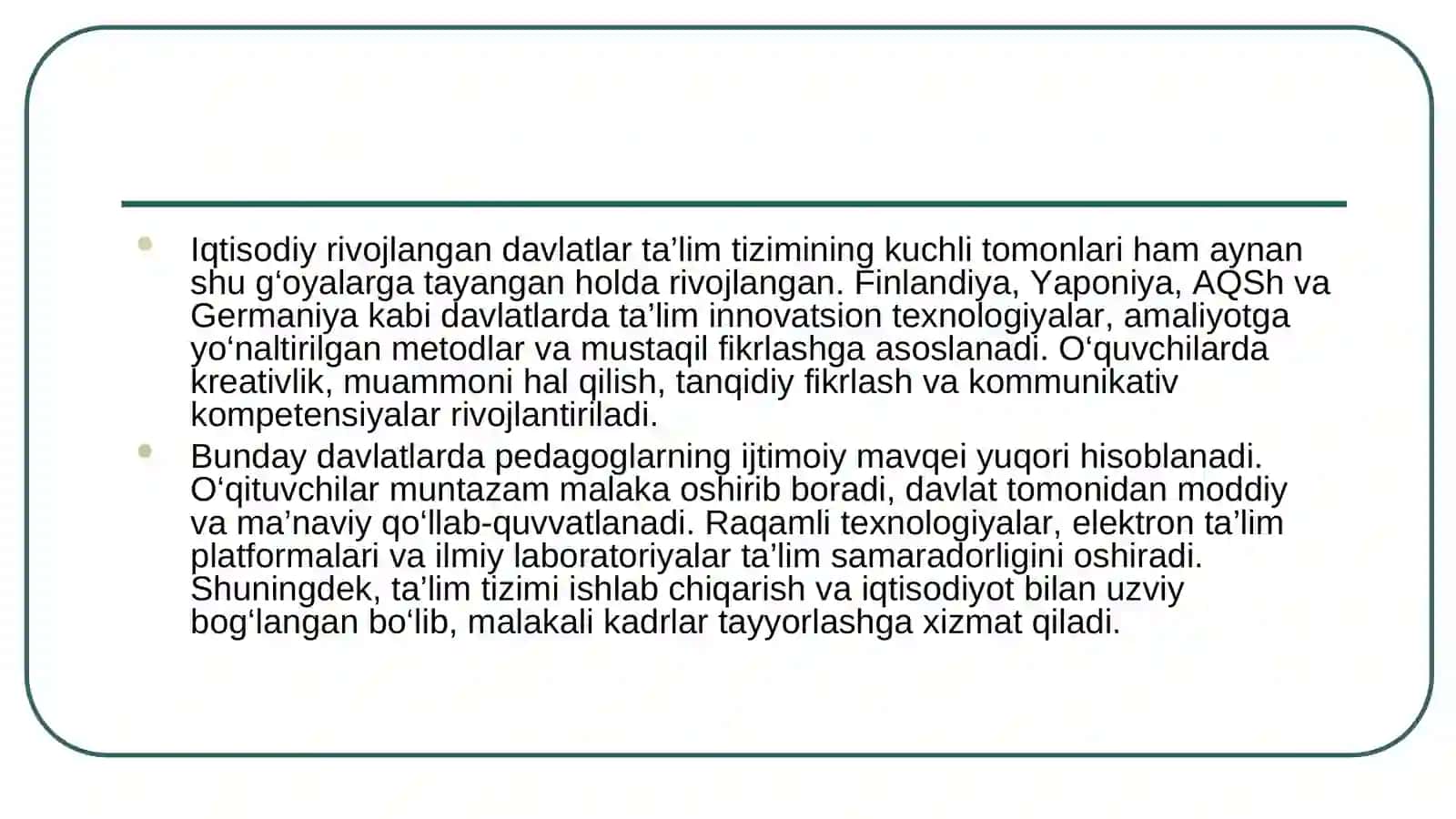 G‘arb uyg‘onish davri pedagogikasi namoyondalarining didaktik g‘oyalari va iqatisodiy rivojlangan davlatlar ta’lim tizimi bo‘yicha SWOT tahlil 4