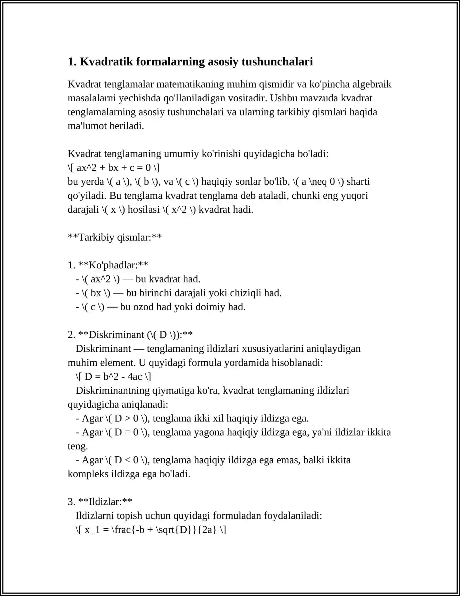 KVADRATIK FORMALAR. KANONIK KO‘RINISHGA KELTIRISH. KVADRATIK FORMALARNING INERSIYA QONUNI. ISHORALARI ANIQLANGAN KVADRATIK FORMALAR. SILVESTR MEZONI 4