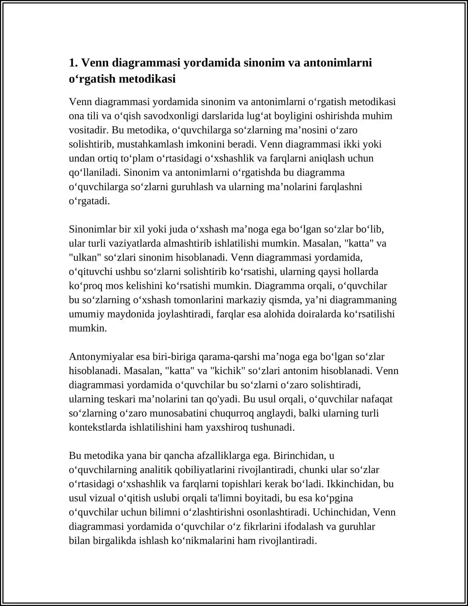 ONA TILI VA O‘QISH SAVODXONLIGI DARSLARIDA GRAFIK TASHKILOTCHILAR (VENN DIAGRAMMASI, KLASTER, FISHBONE) ORQALI LUG‘AT BOYLIGINI OSHIRISH 4