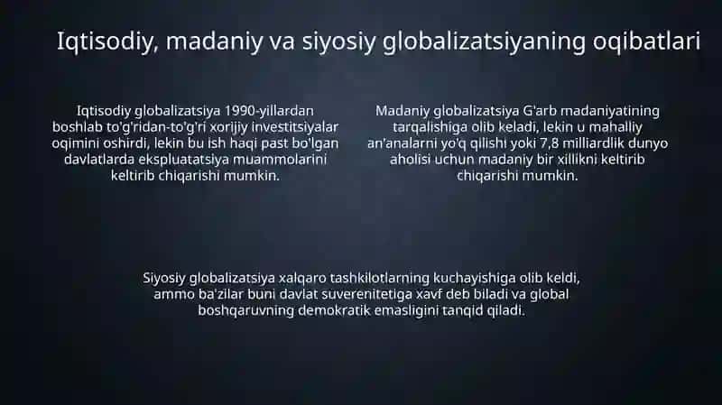 Globalizatsiya: ta'rif, xususiyatlar va 21-asr boshidagi asosiy harakatlantiruvchi kuchlar 4