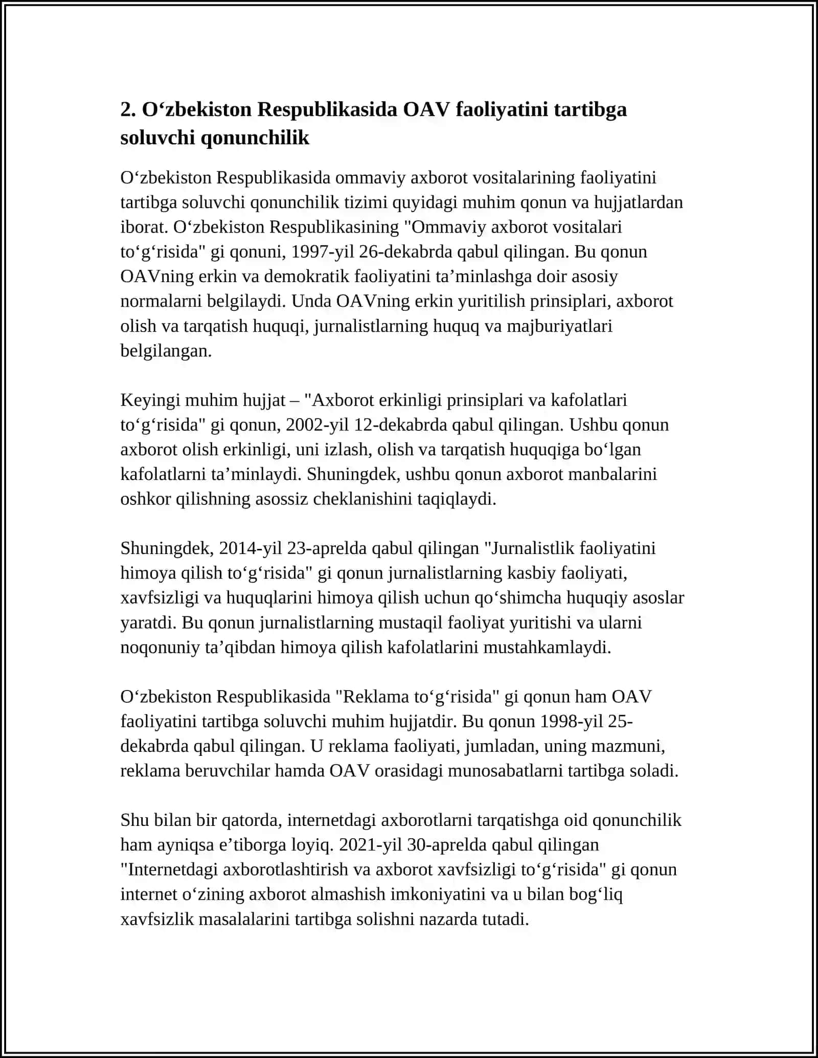 O'ZBEKISTON RESPUBLIKASIDA OMMAVIY AXBOROT VOSITALARINING FAOLIYATI 4